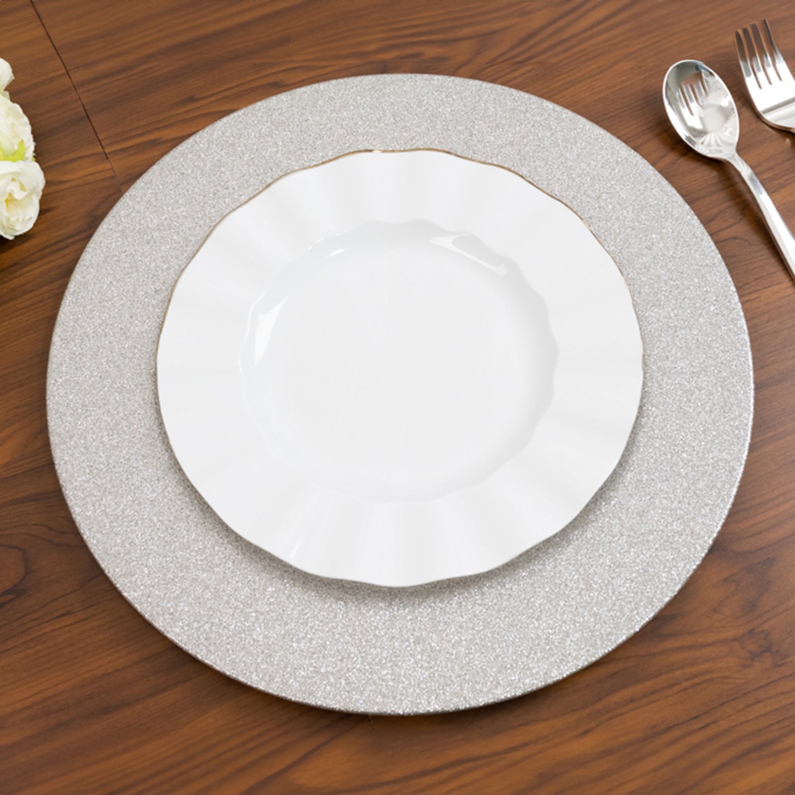 6-Pack Acrylic Plastic Round Charger Plates 13" in Silver with Dust Free Glitter Finish, Decorative Dinner Party Charger Tableware