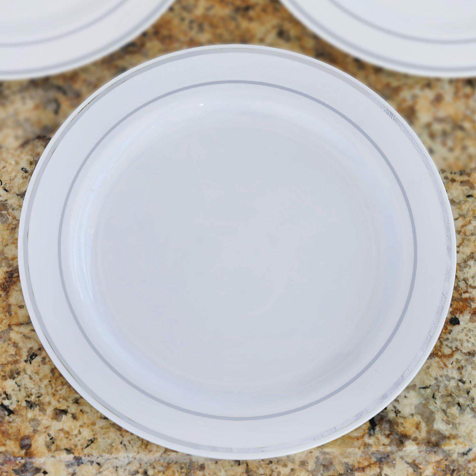 10-Pack Plastic Dinner Plates White with Très Chic Silver Rim - Perfect Disposable Party Plates 10"
