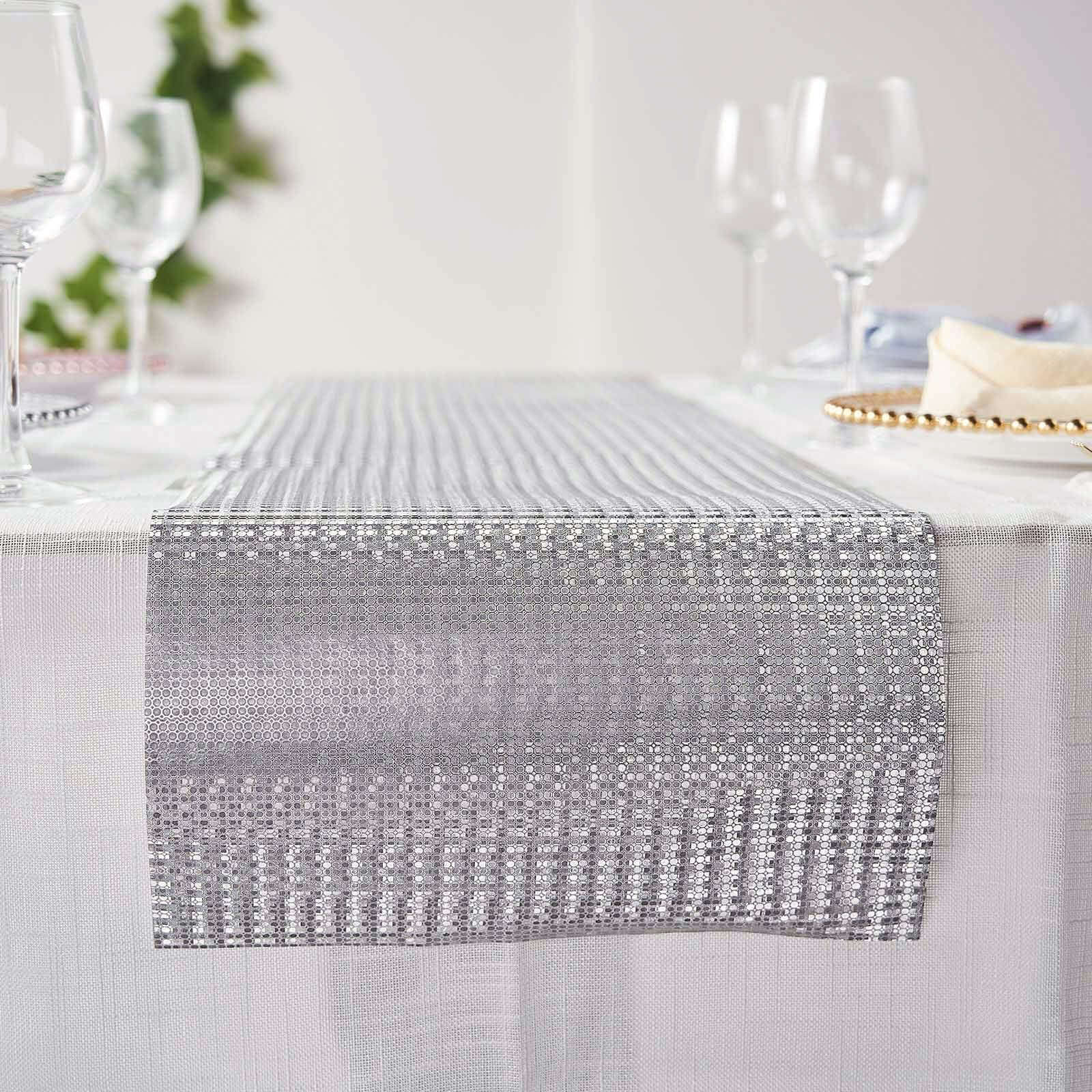 9ft Silver Glamorous Sequin Print Table Runner, Disposable Paper Table Runner