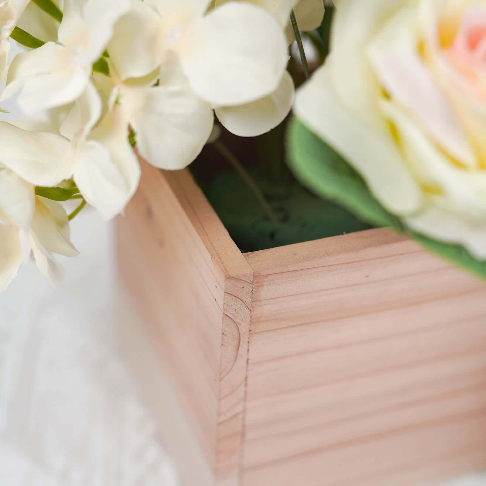 2 Pack 5" Square Tan Wood Planter Box Set, Plant Holder With Removable Plastic Liners
