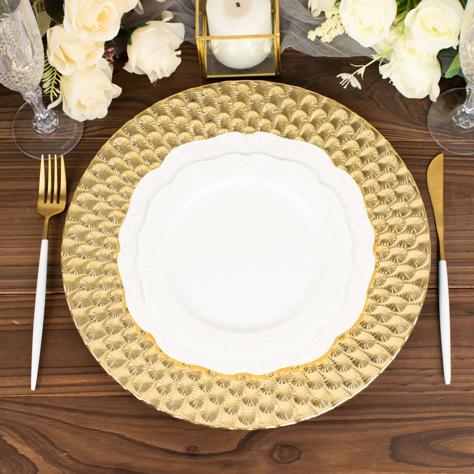 6-Pack Plastic Round Charger Plates 13" in Gold with Peacock Pattern, Exquisite Decorative Dinner Party Charger Tableware