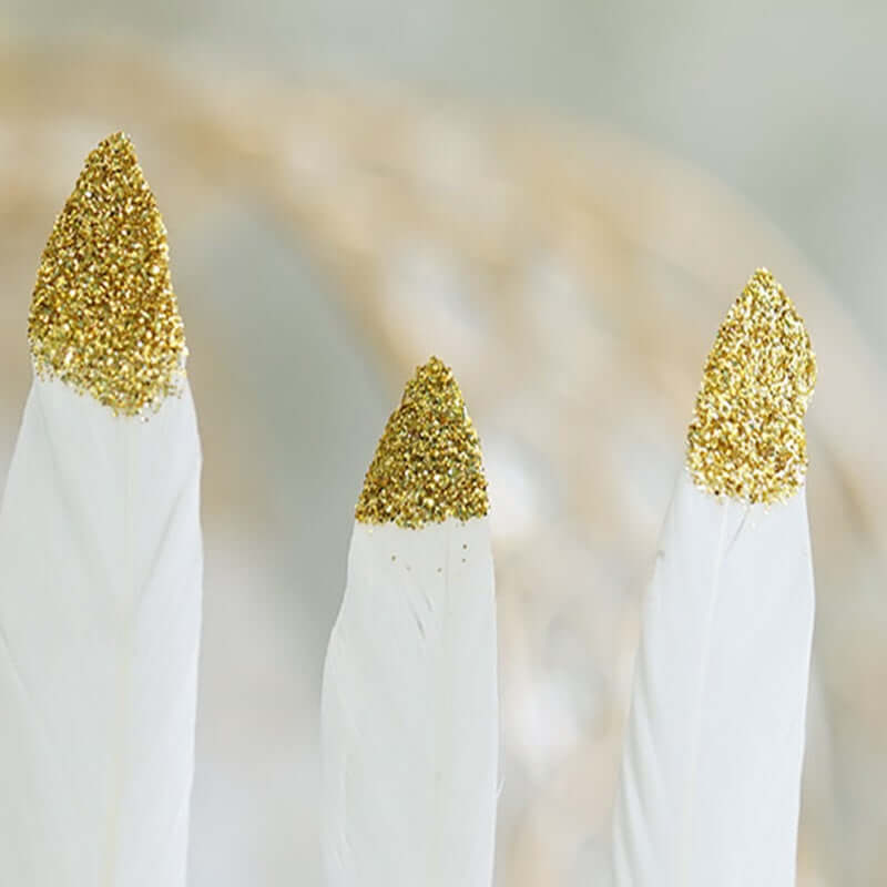 30-Pack Turkey Feathers Craft Feathers Glitter Gold Tip White - Decorative Feathers for DIY Party Projects