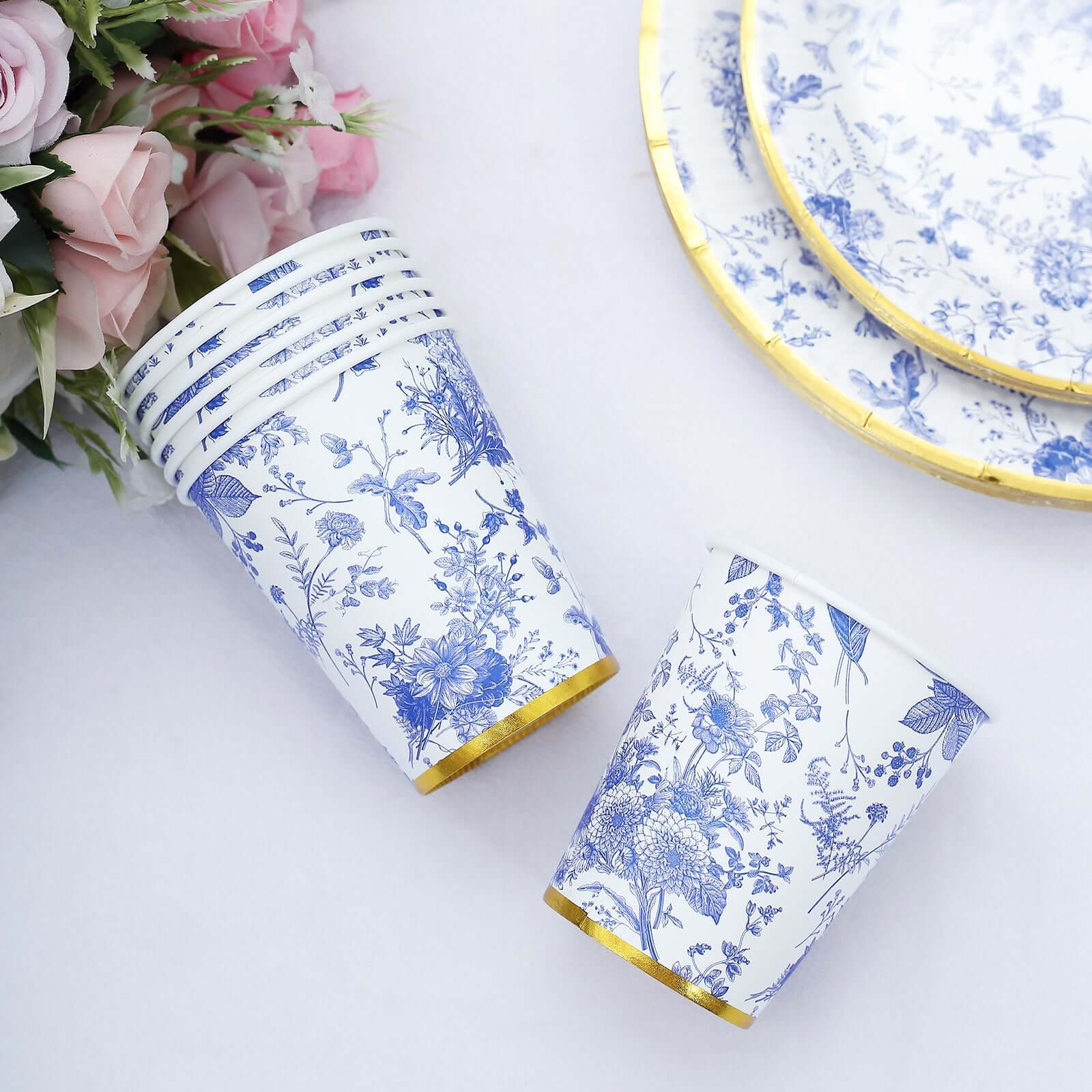 24 Pack Disposable Paper Cups in White Royal Blue French Toile Pattern with Gold Rim, Elegant Party Cups - 9oz