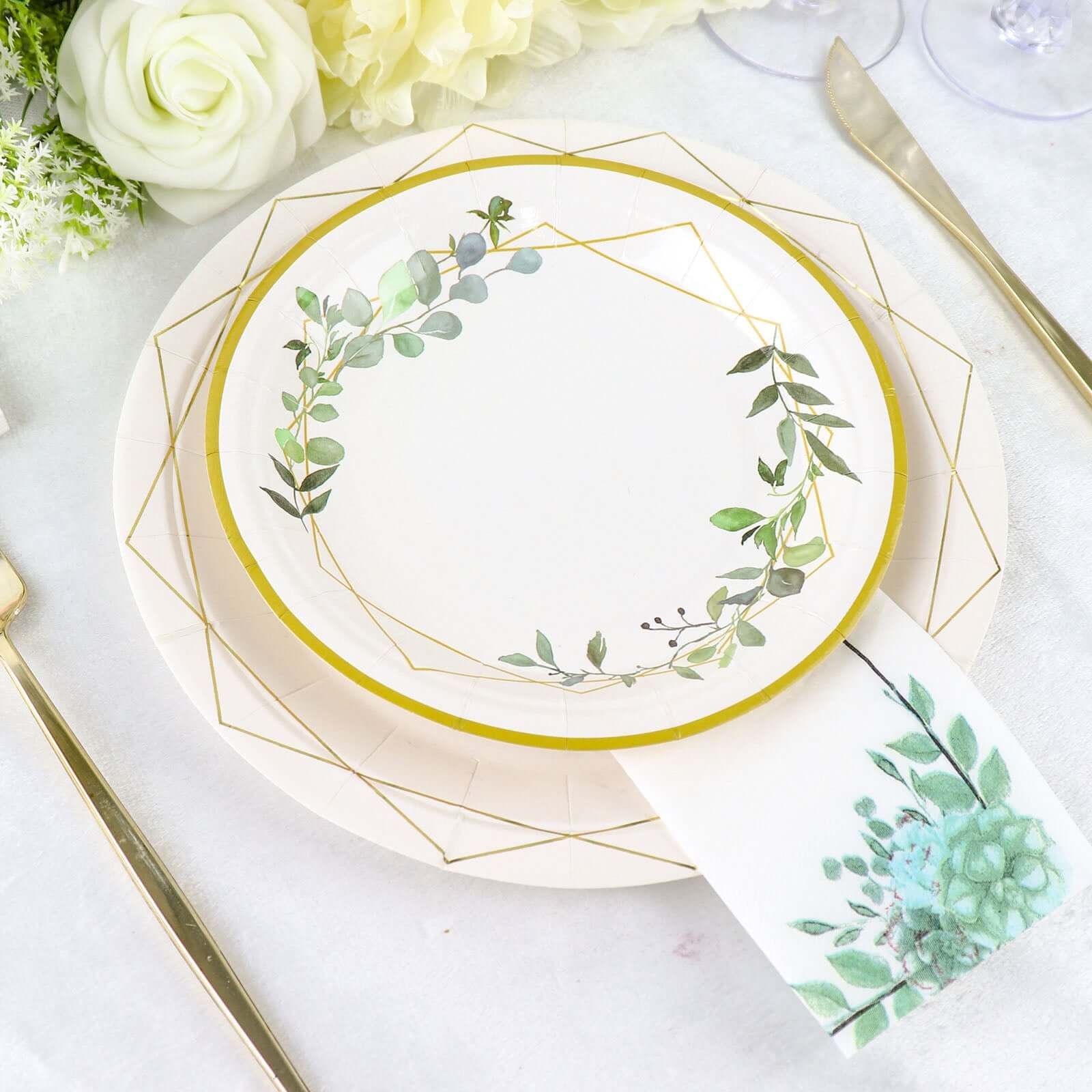 20-Pack Paper Dinner Napkins with Floral Design White/Green - Disposable 2 Ply Beverage Napkins 13"x13"
