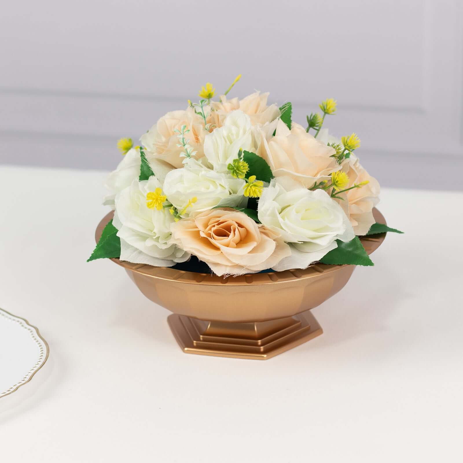 3-Pack Plastic Footed Compote Bowl Flower Vases Roman Style Gold - Round Decorative Pedestal Table Centerpieces 10"
