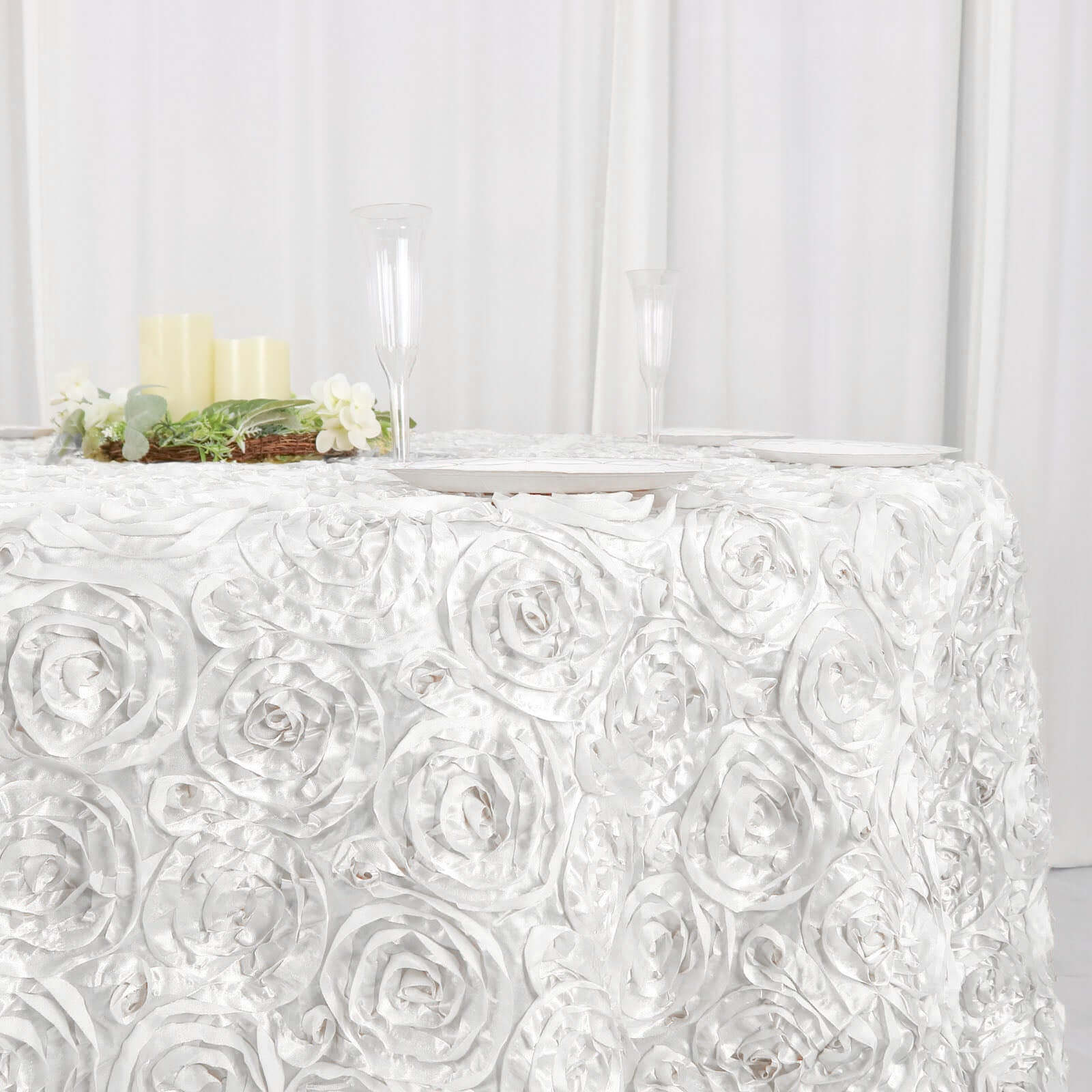 Satin 120" Round Tablecloth White - Grandiose 3D Rosette Design with Seamless Finish for Luxe Events