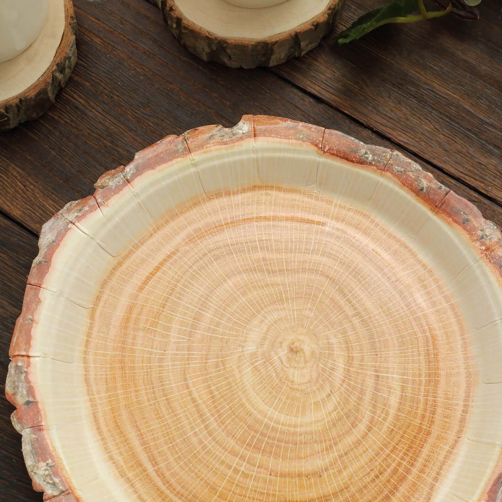 25-Pack Paper 7" Round Dessert Plates in Natural Wood Slice Print - Disposable Appetizer Salad Plates for Rustic Farmhouse Style Events