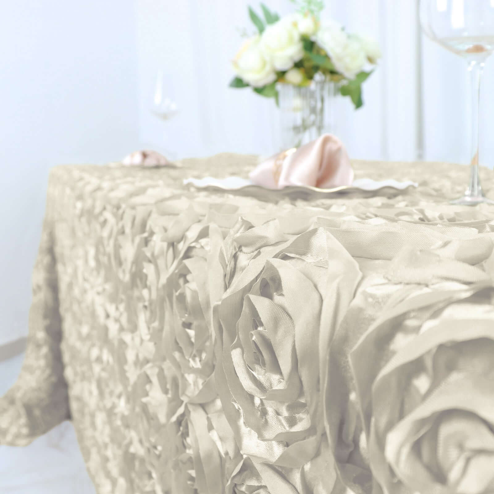 Satin 90"x132" Rectangle Tablecloth Ivory - Grandiose 3D Rosette Seamless Table Cover