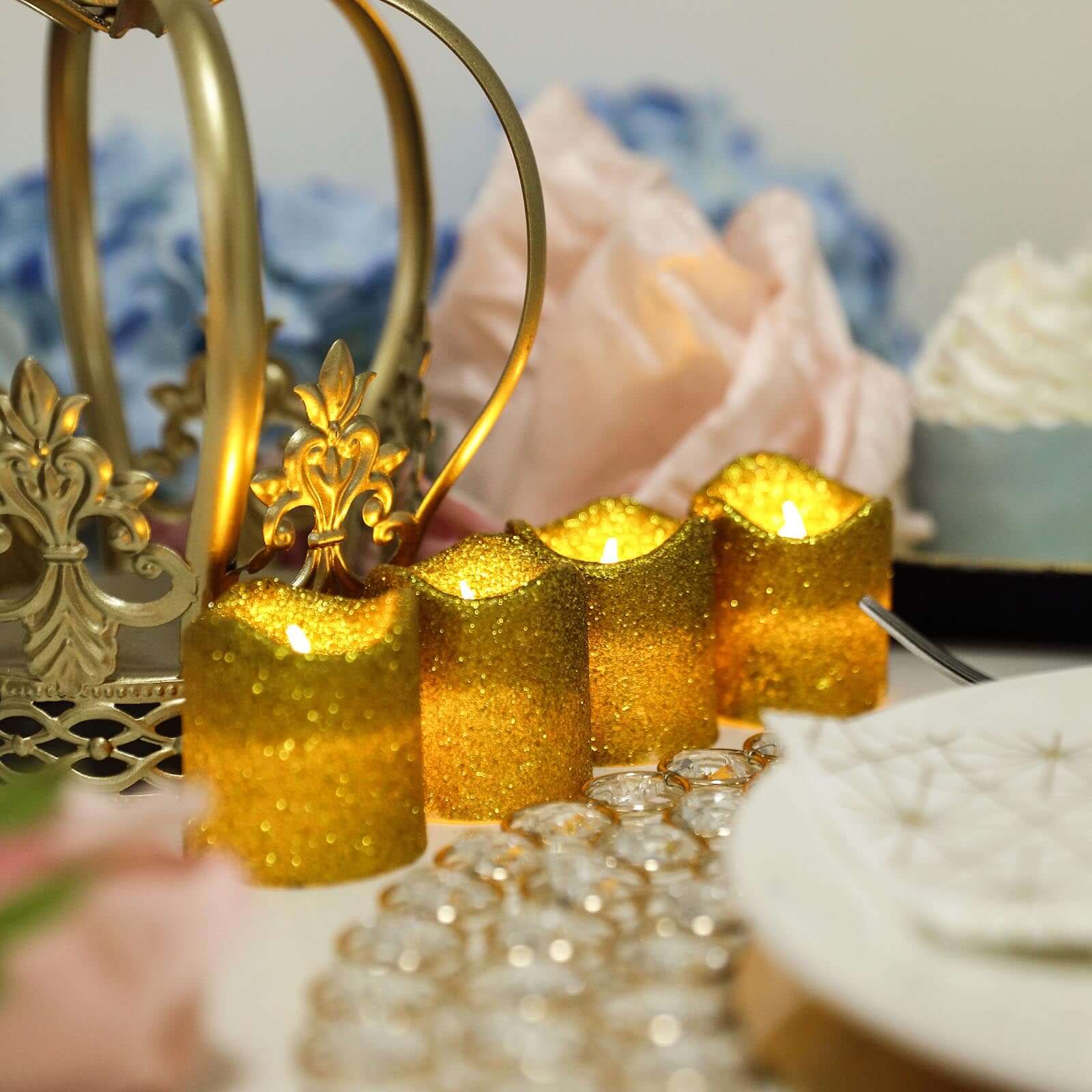 12-Pack LED Votive Candles Glittered Gold Design - Reusable Flameless Battery Operated Lights