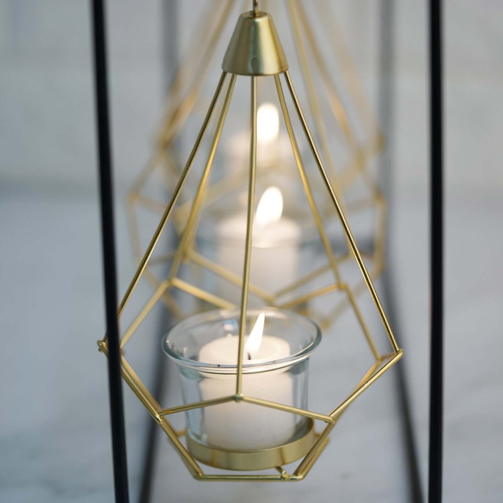 3-Pack Hanging Candle Holders Gold Geometric Design 8" with Black Iron Stand - Trendy Tealight Centerpieces for Tables 10" Tall