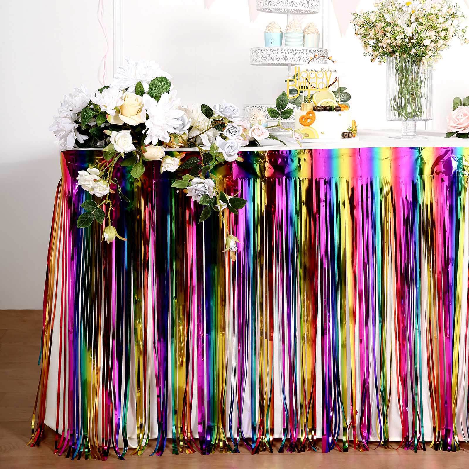 Metallic Foil Fringe Table Skirt Rainbow with Self Adhesive Backing - Durable Tinsel Skirt for Parties 30"x9ft
