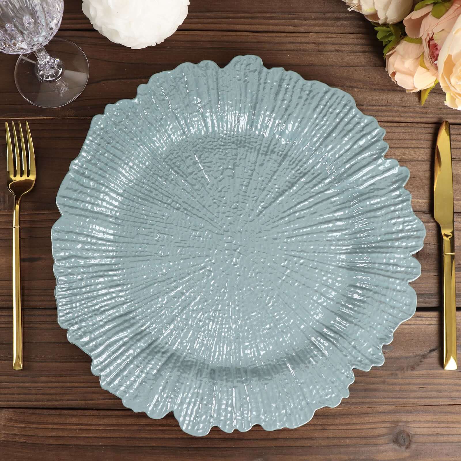 6-Pack Acrylic Plastic Round Charger Plates 13" in Dusty Blue with Reef Design, Dinner Charger Tableware