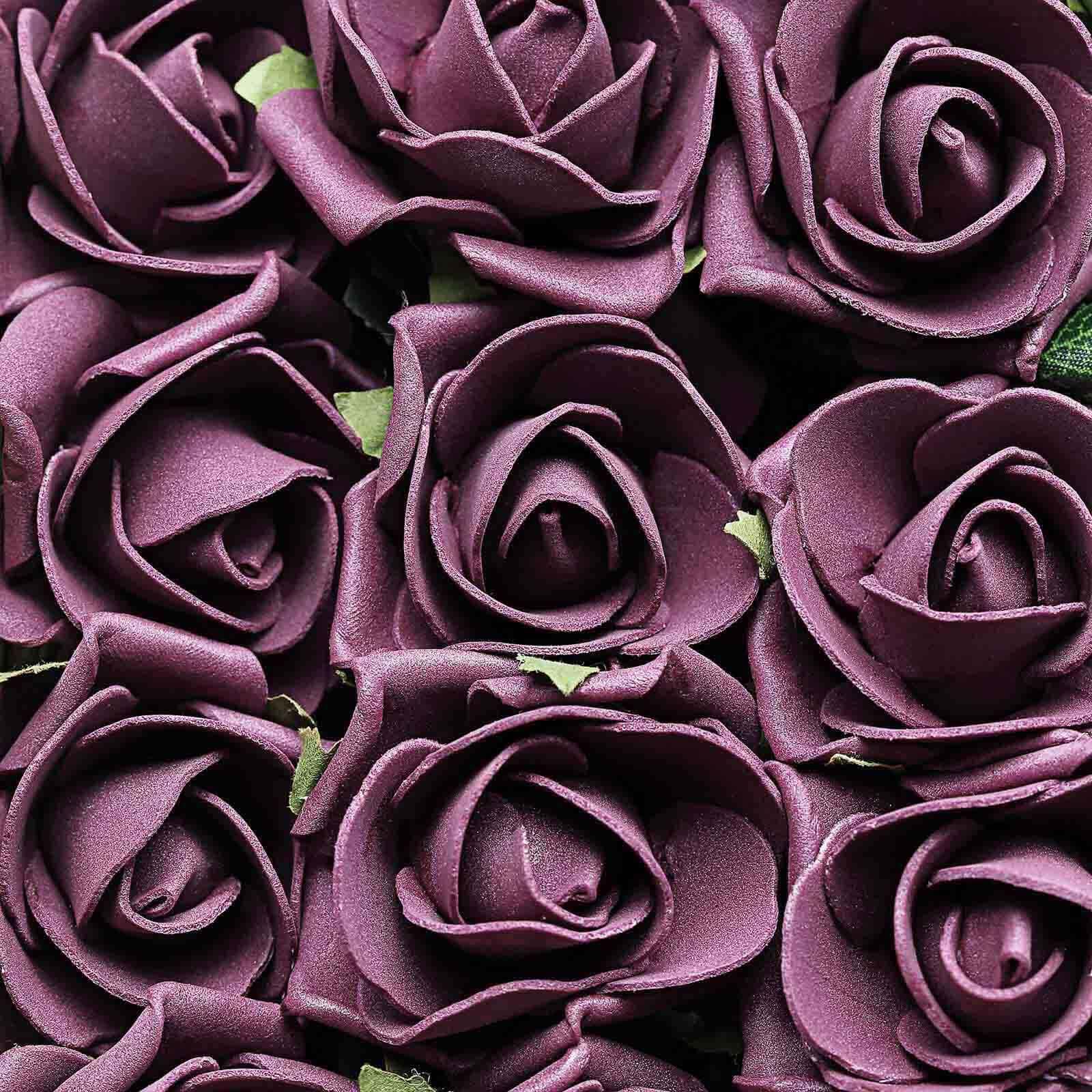 24 Roses 2" Eggplant Artificial Foam Flowers With Stem Wire and Leaves
