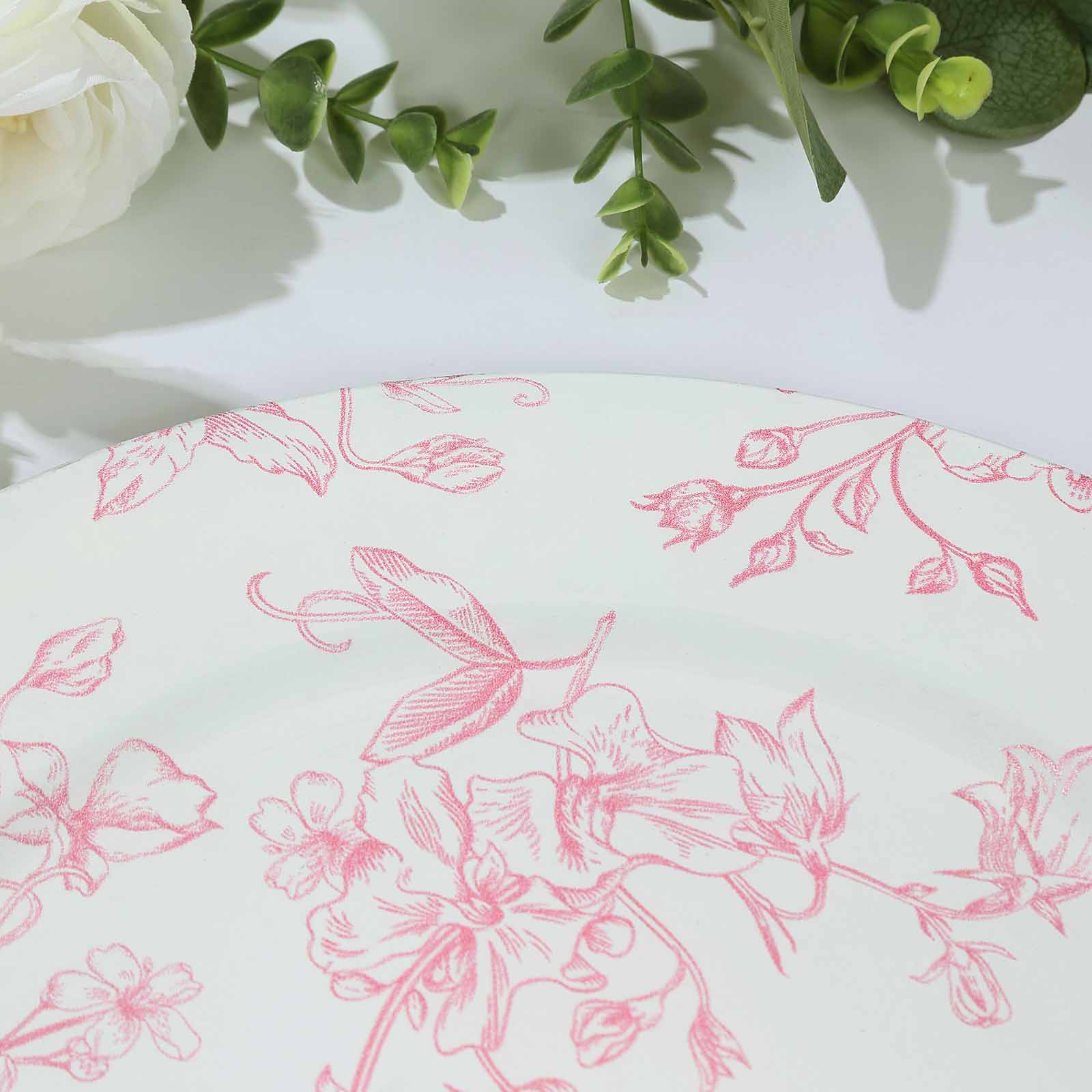 6-Pack Acrylic Round Charger Plates 13" in White with Pink Floral French Toile Pattern, Decorative Dinner Party Charger Tableware