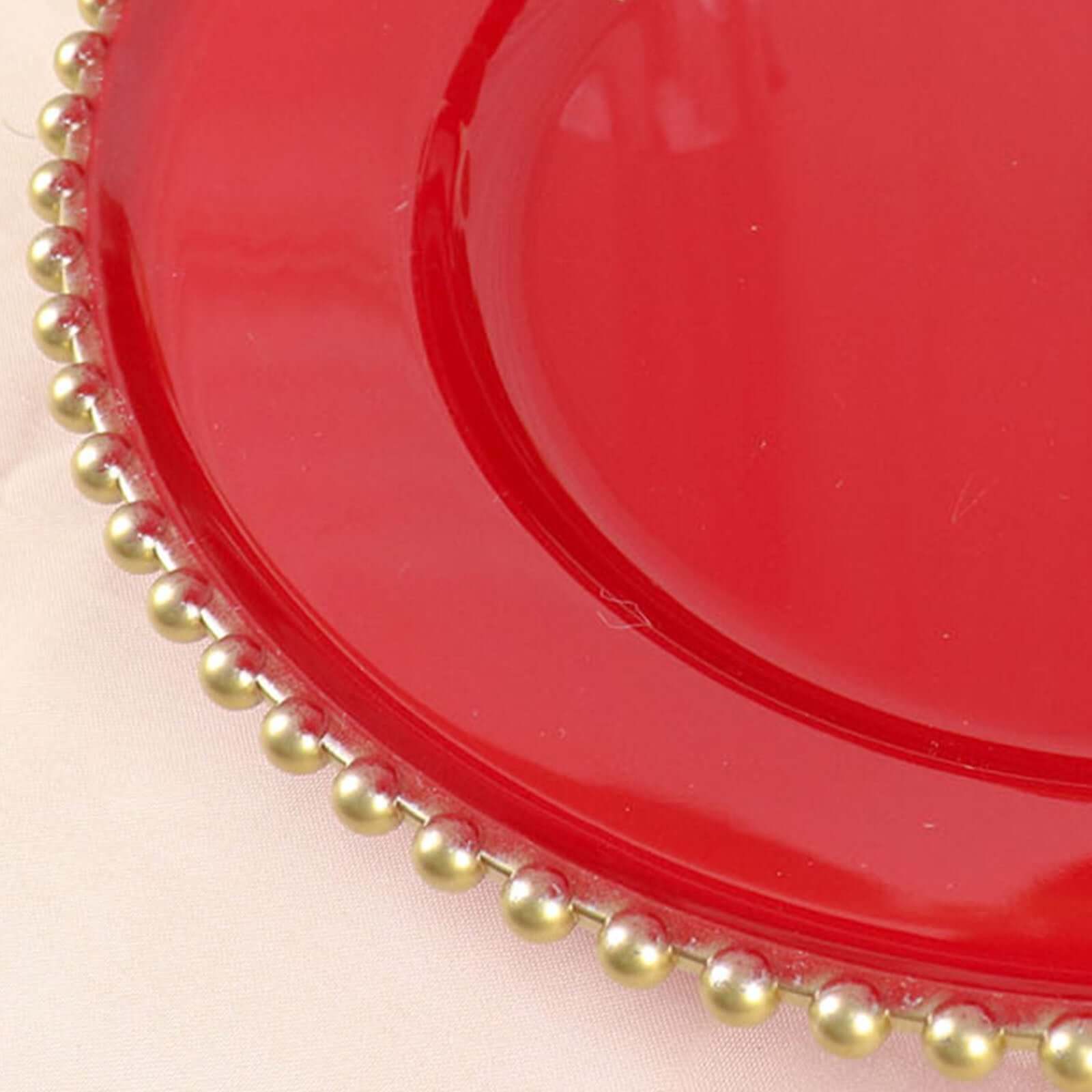 6-Pack Acrylic Round Charger Plates 13" in Red with Gold Beaded Rim, Decorative Dinner Party Charger Tableware