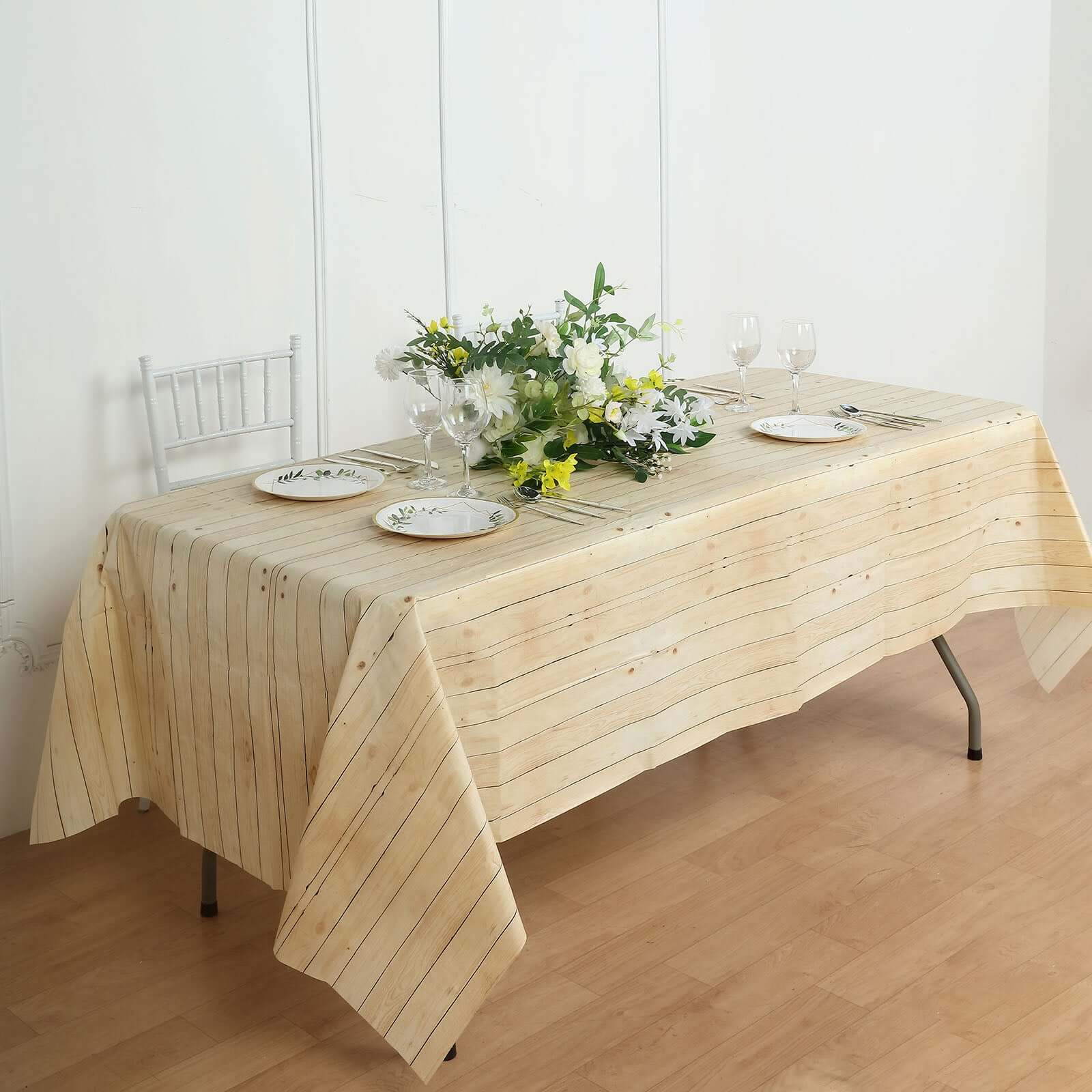 Plastic Table Cover Natural Rectangle with Rustic Wooden Print - Durable PVC Disposable Tablecloth 52"x108"