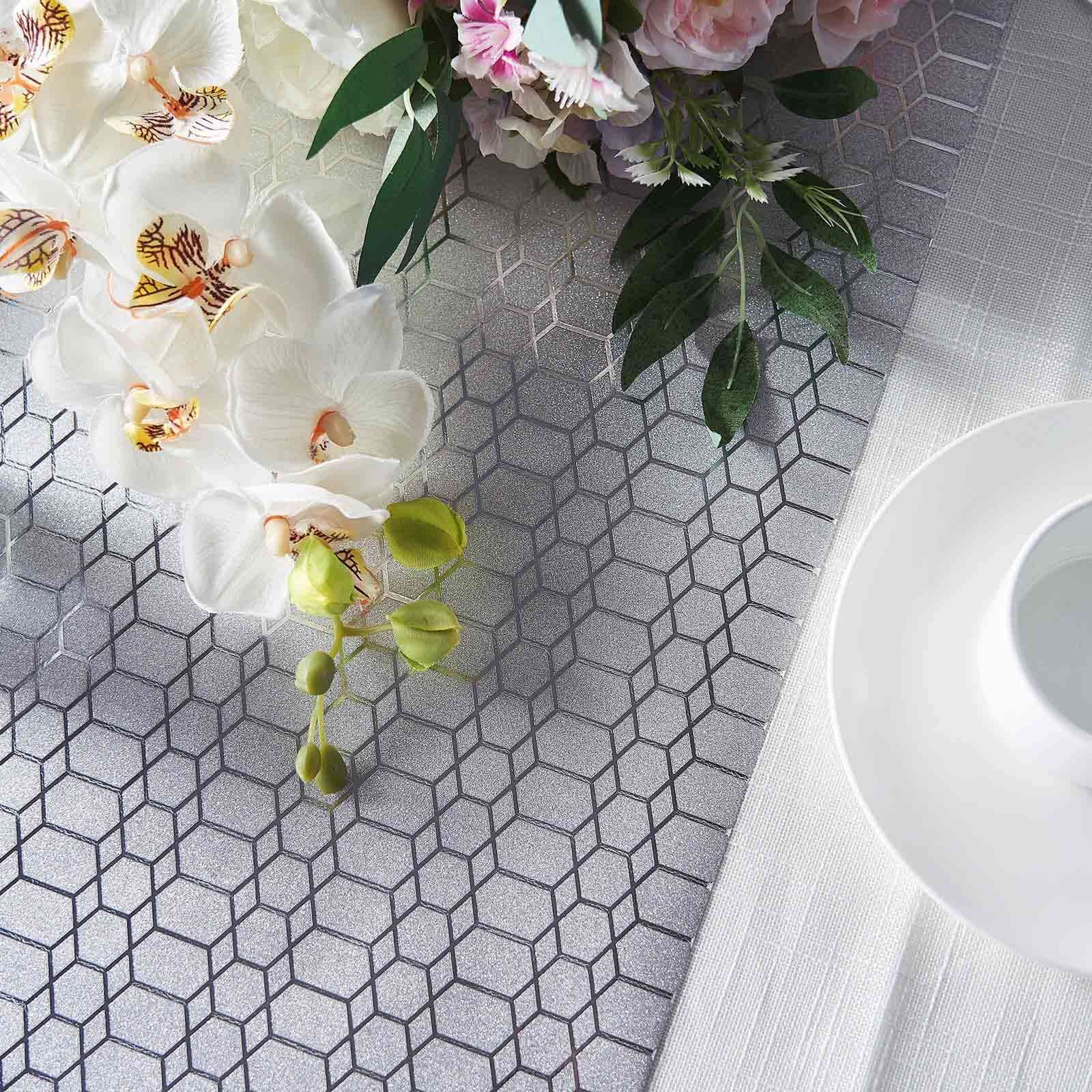 Glitter Paper 9ft Table Runner Roll Silver Disposable Geometric Honeycomb Pattern Table Decor