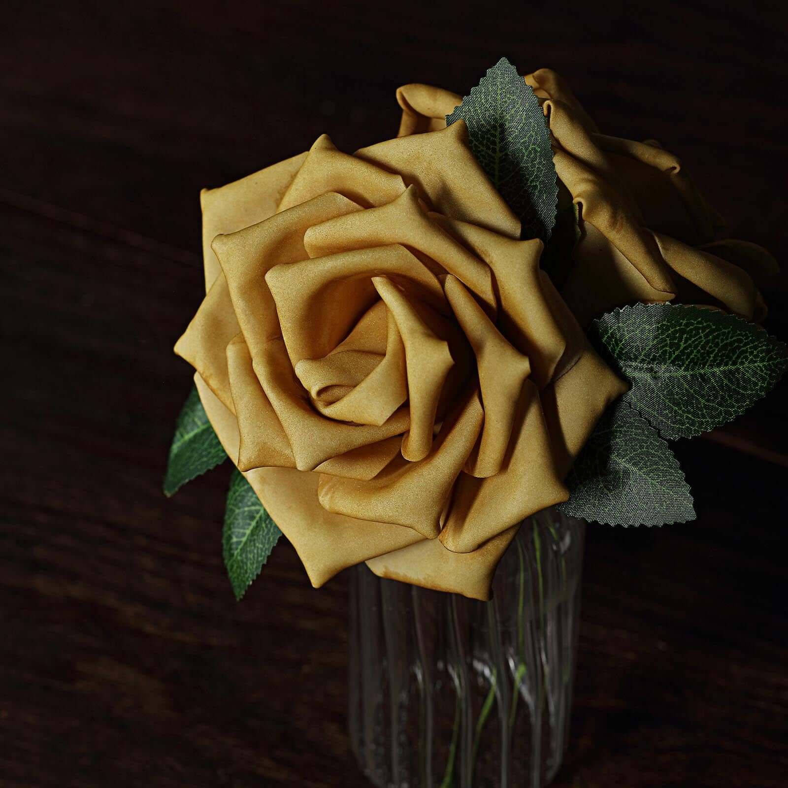 24 Roses 5" Gold Artificial Foam Flowers With Stem Wire and Leaves