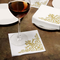 20 Pack Linen-Like Paper 5"x5" Napkins White - Gold Fleur Vintage Airlaid Cocktail Napkins