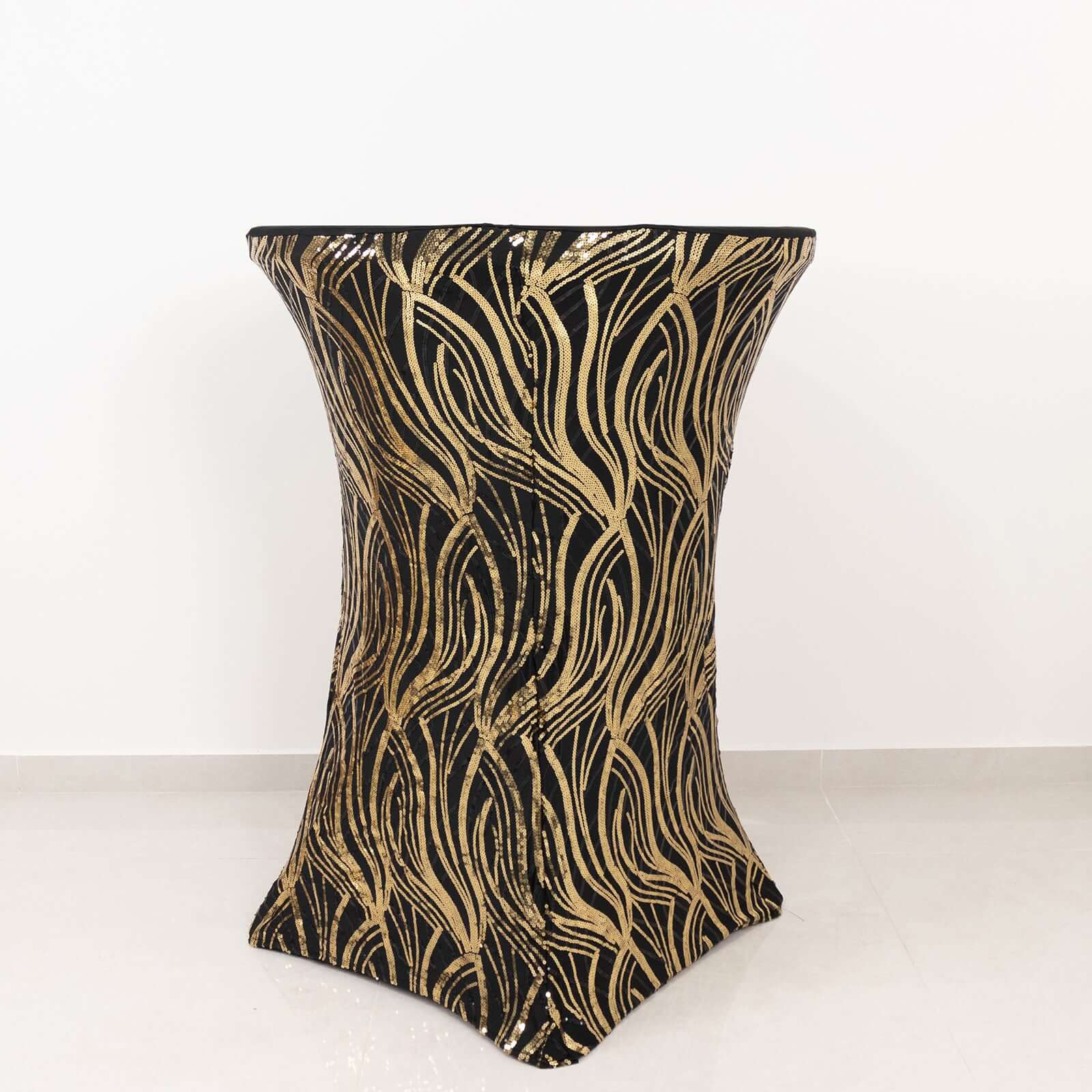 Spandex 32" Round Cocktail Table Cover Black/Gold with Wave Embroidered Sequins - Glamorous Design for Upscale Events