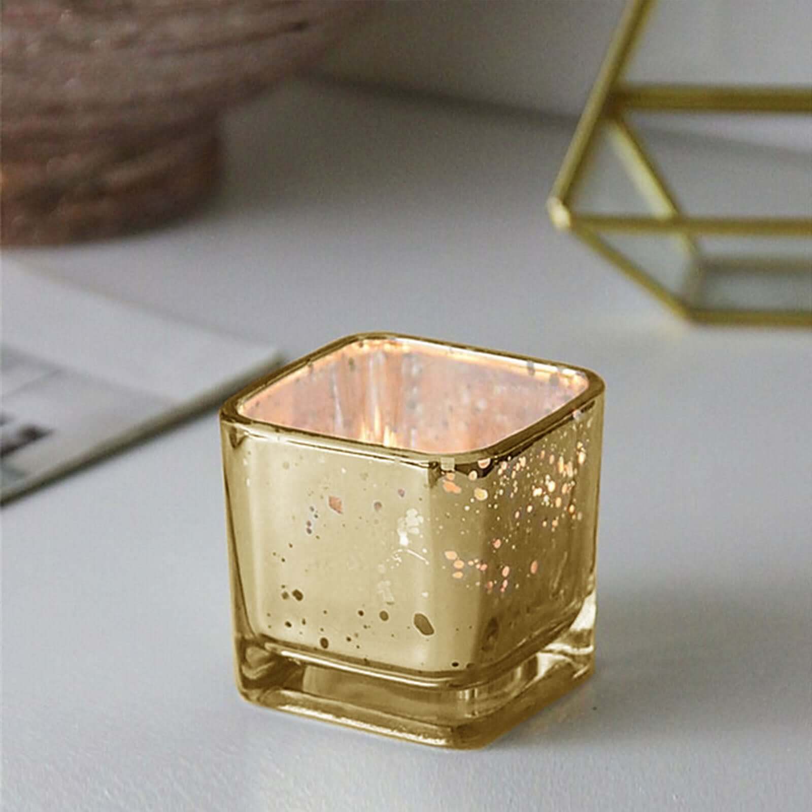 12-Pack Mercury Glass Candle Holders Gold with Speckled Design - Square Votive Tealight Holders 2"