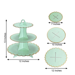 3-Tier Cardboard Cupcake Stand Mint - Sturdy & Collapsible Dessert Treat Tower with Gold Scalloped Rim for Baby Shower Wedding & Party Decor 13"