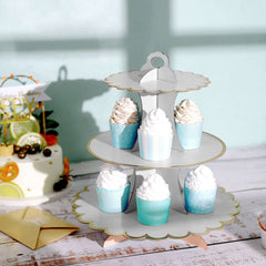3-Tier Cardboard Cupcake Stand White - Sturdy & Collapsible Dessert Treat Tower with Gold Scalloped Rim for Baby Shower Wedding & Party Decor 13"