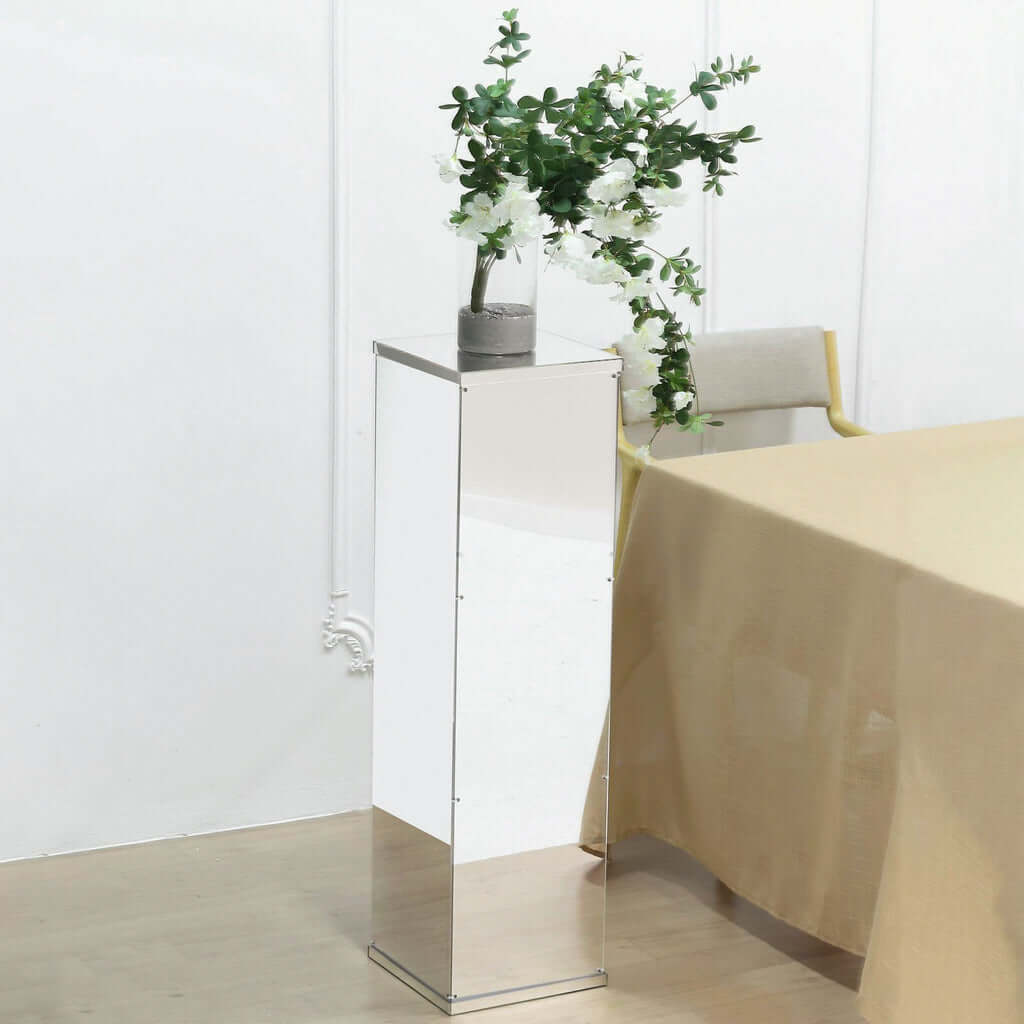 40" Floor Standing Silver Mirror Finish Acrylic Display Box, Pedestal Riser with Interchangeable Lid and Base