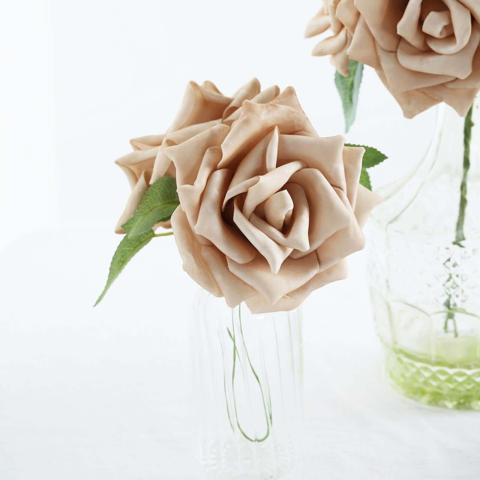 24 Roses 5" Champagne Artificial Foam Flowers With Stem Wire and Leaves