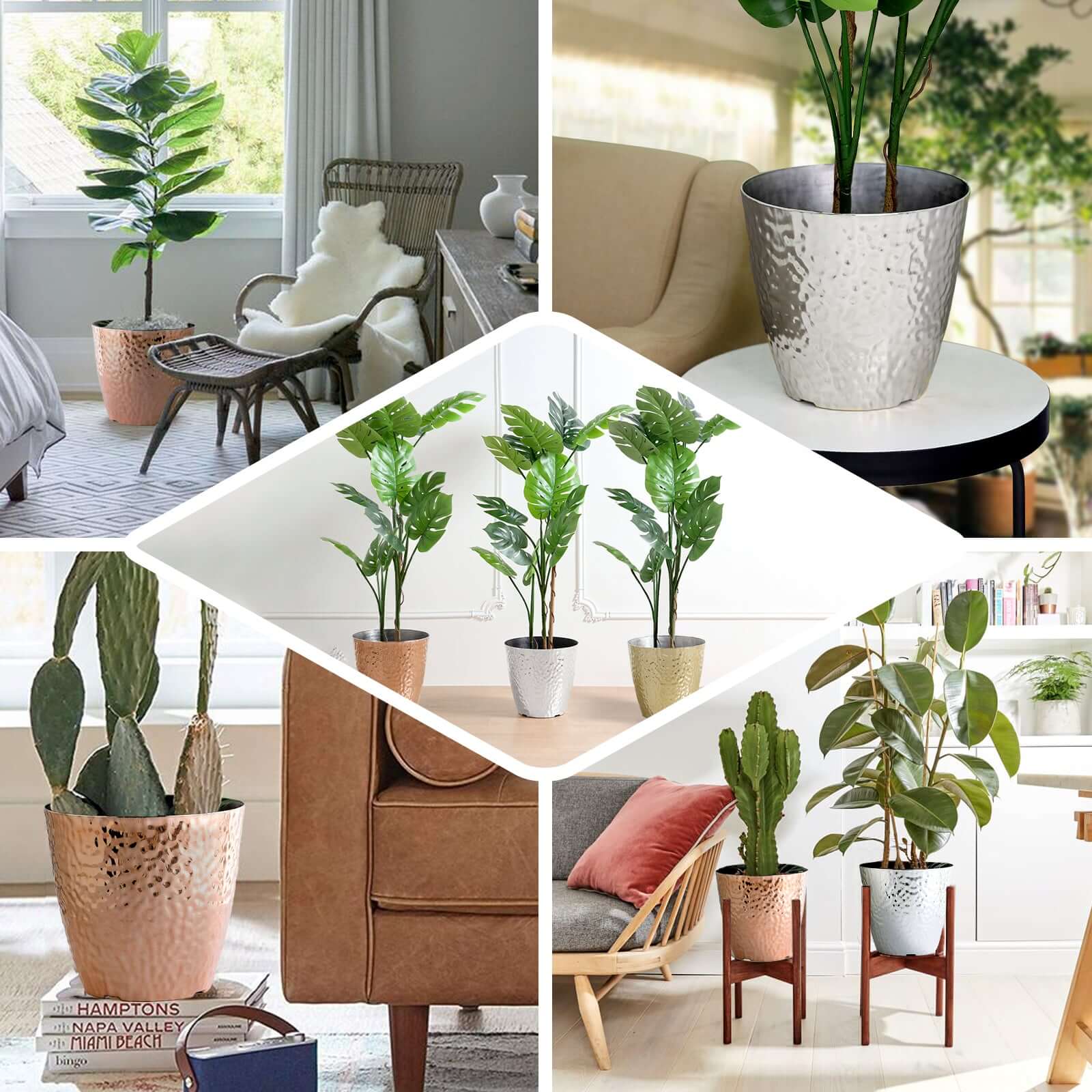 11" Gold Hammered Design Large Indoor Flower Plant Pot, Decorative Greenery Planter
