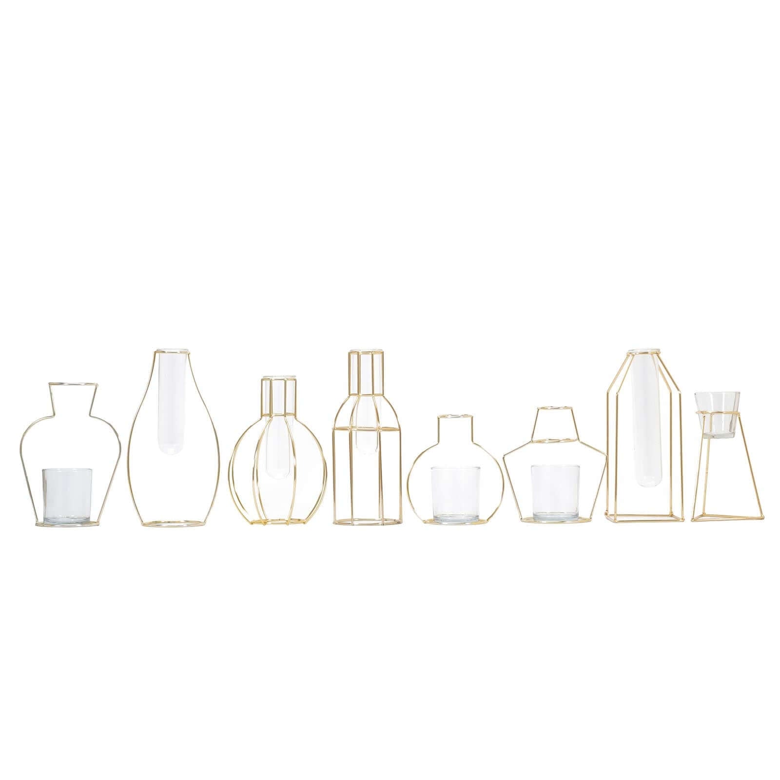Set of 2 Wedding Centerpieces Gold Metal Frame Bottle Shaped Design - Geometric Glass Bud Vases 8",10"