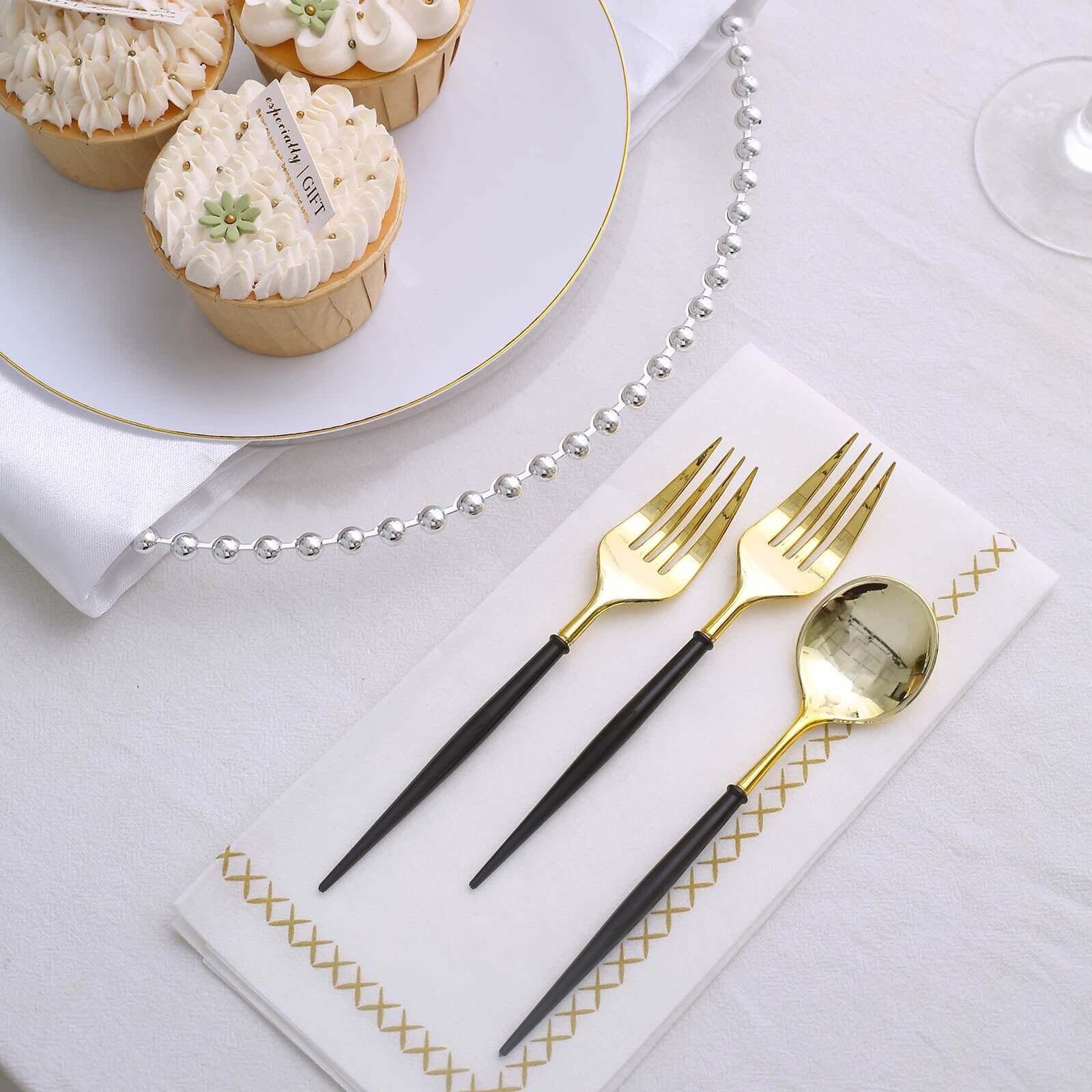 24-Pack Plastic Fork and Spoon Set Gold/Black - Heavy Duty Disposable Modern Utensils 6"