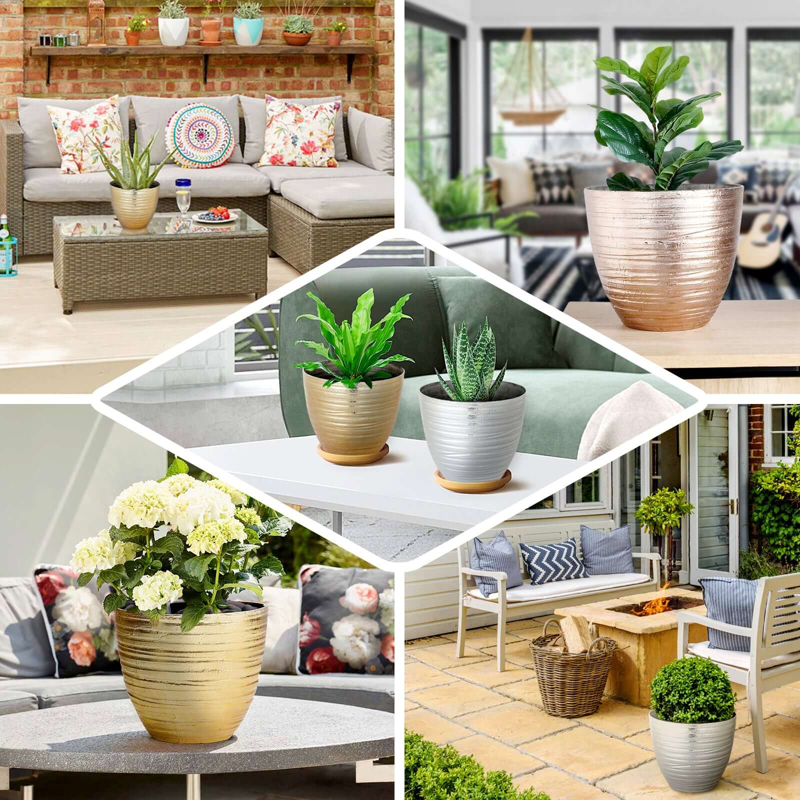 12" Metallic Gold Textured Finish Large Indoor Flower Plant Pot, Decorative Indoor Outdoor Planter