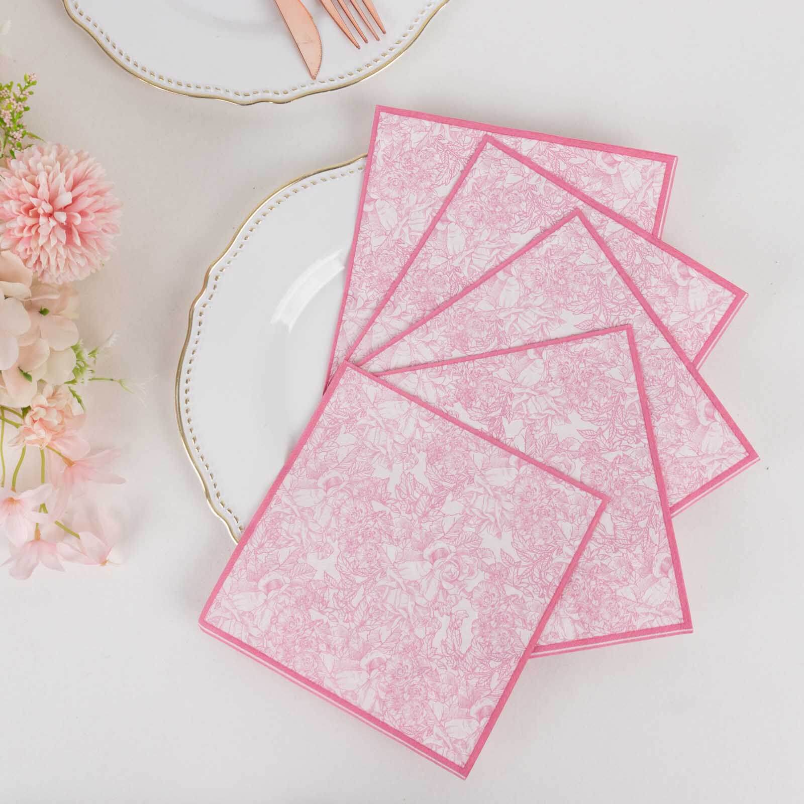 25-Pack Paper Cocktail Napkins with French Toile Print White/Pink - Highly Absorbent 2 Ply Disposable Napkins 5"x5"
