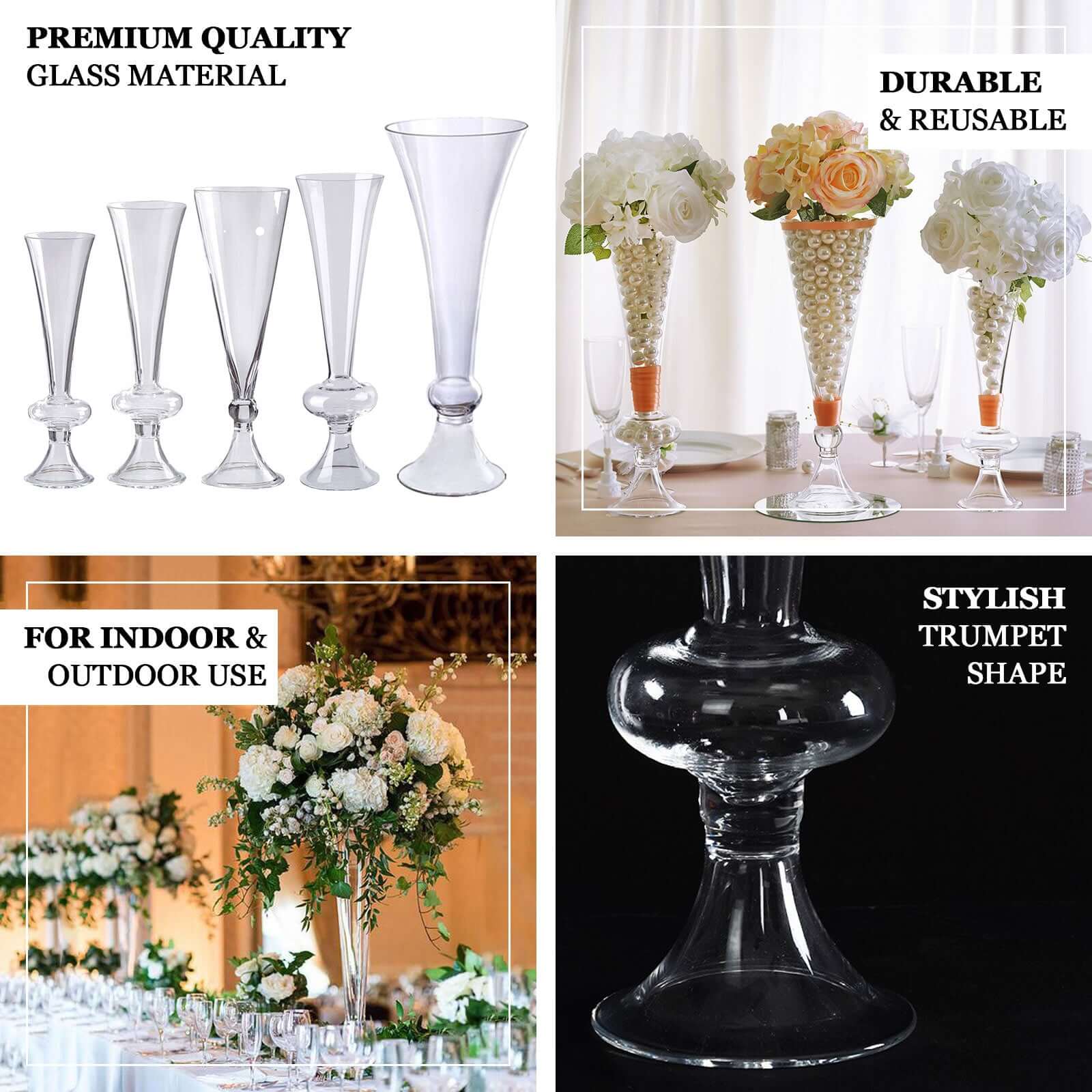 4-Pack Glass Trumpet Vases Reversible Crystal Ball Design Clear - Decorative Flower Table Centerpieces 11"