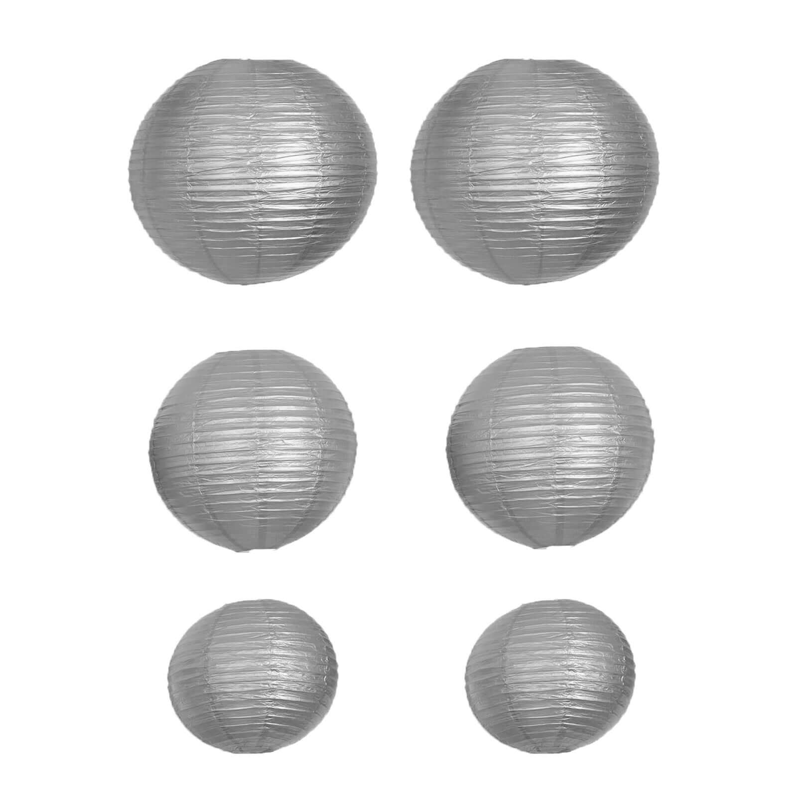 Set of 6 Silver Hanging Paper Lanterns, Chinese Sky Lanterns, Assorted Sizes - 16", 20", 24"