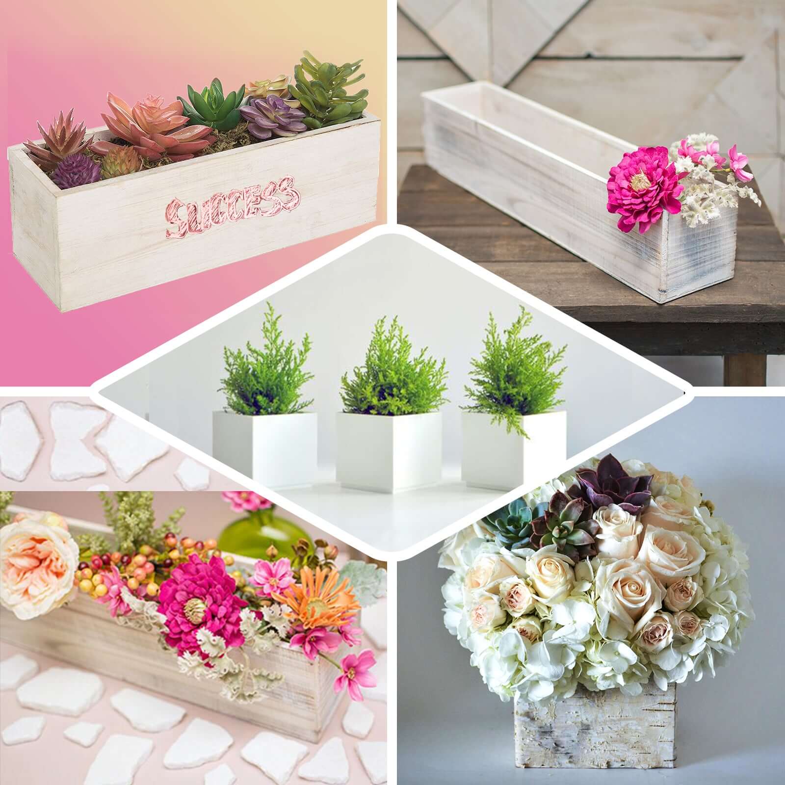 Whitewash Wood Planter Rectangular Box 18"x6"- Durable Decor with Removable Plastic Liner for Table Displays