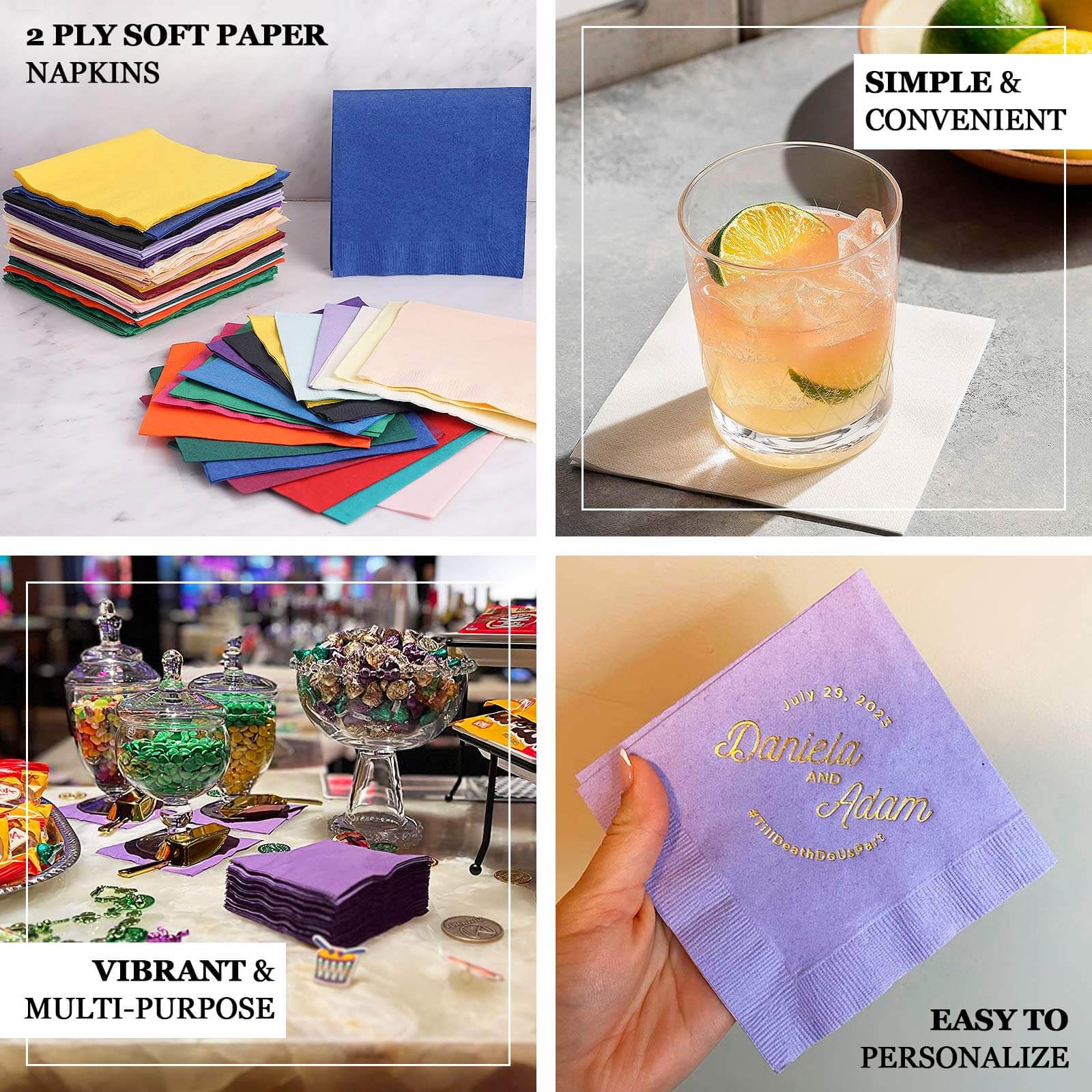 50-Pack Paper Beverage Napkins Lavender Lilac - 2 Ply Disposable Soft 18GSM Cocktail Napkins 5"x5"