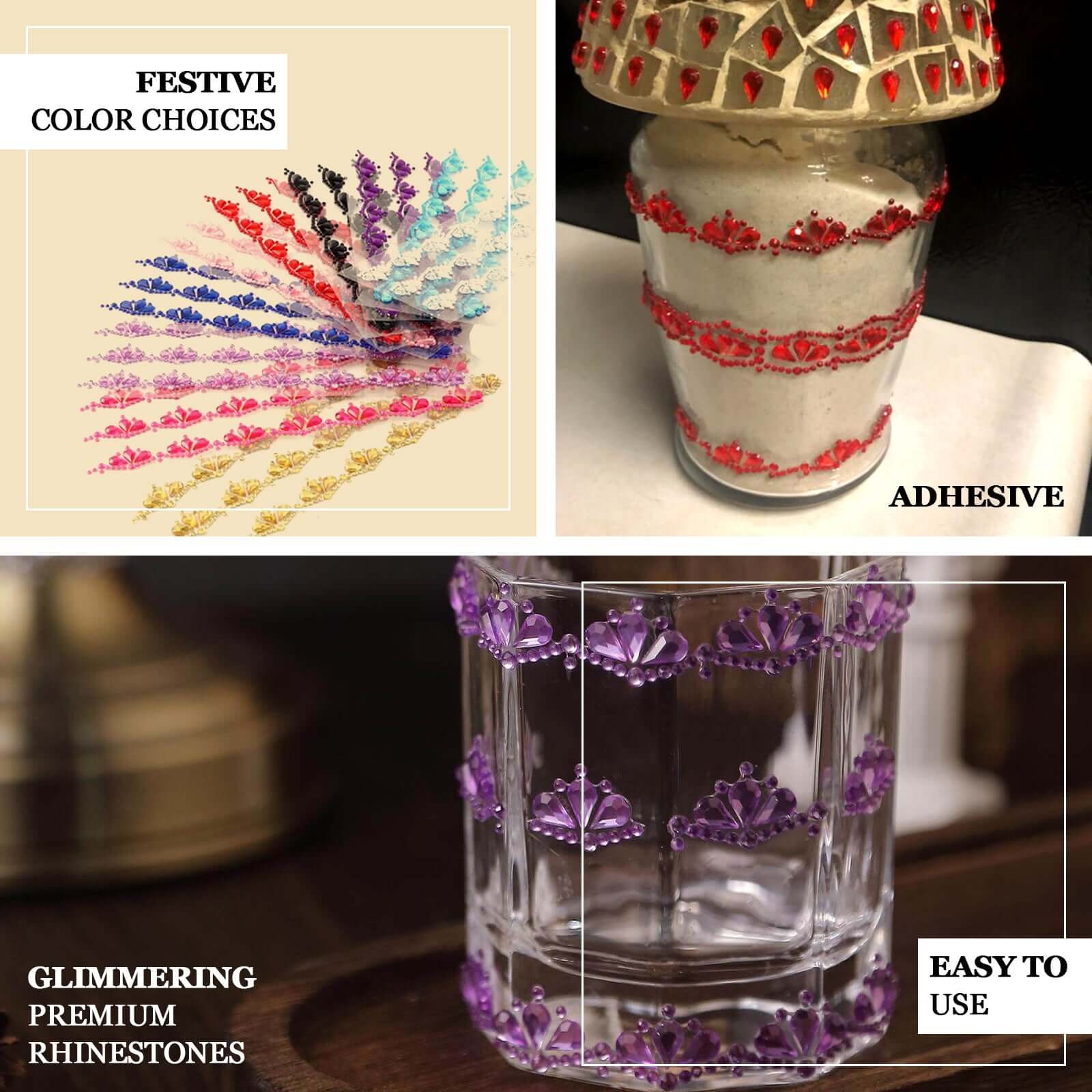 3 Pack Stick-On Diamond Rhinestone Gems, Gold Self Adhesive Crown DIY Craft Stickers