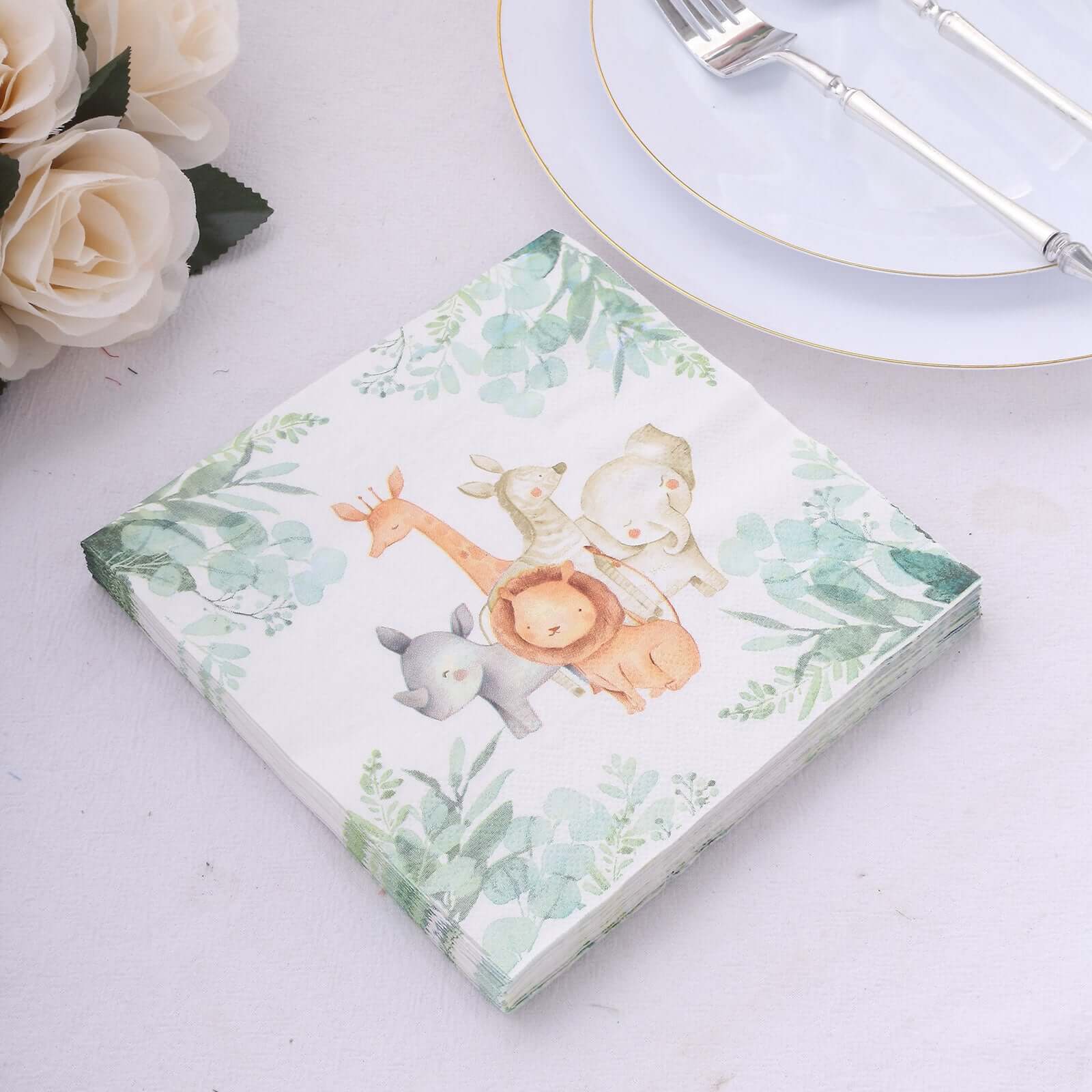 20-Pack Paper Beverage Napkins with Safari Animal Print - Jungle Theme 2 Ply Disposable Party Napkins 5"x5" 18GSM