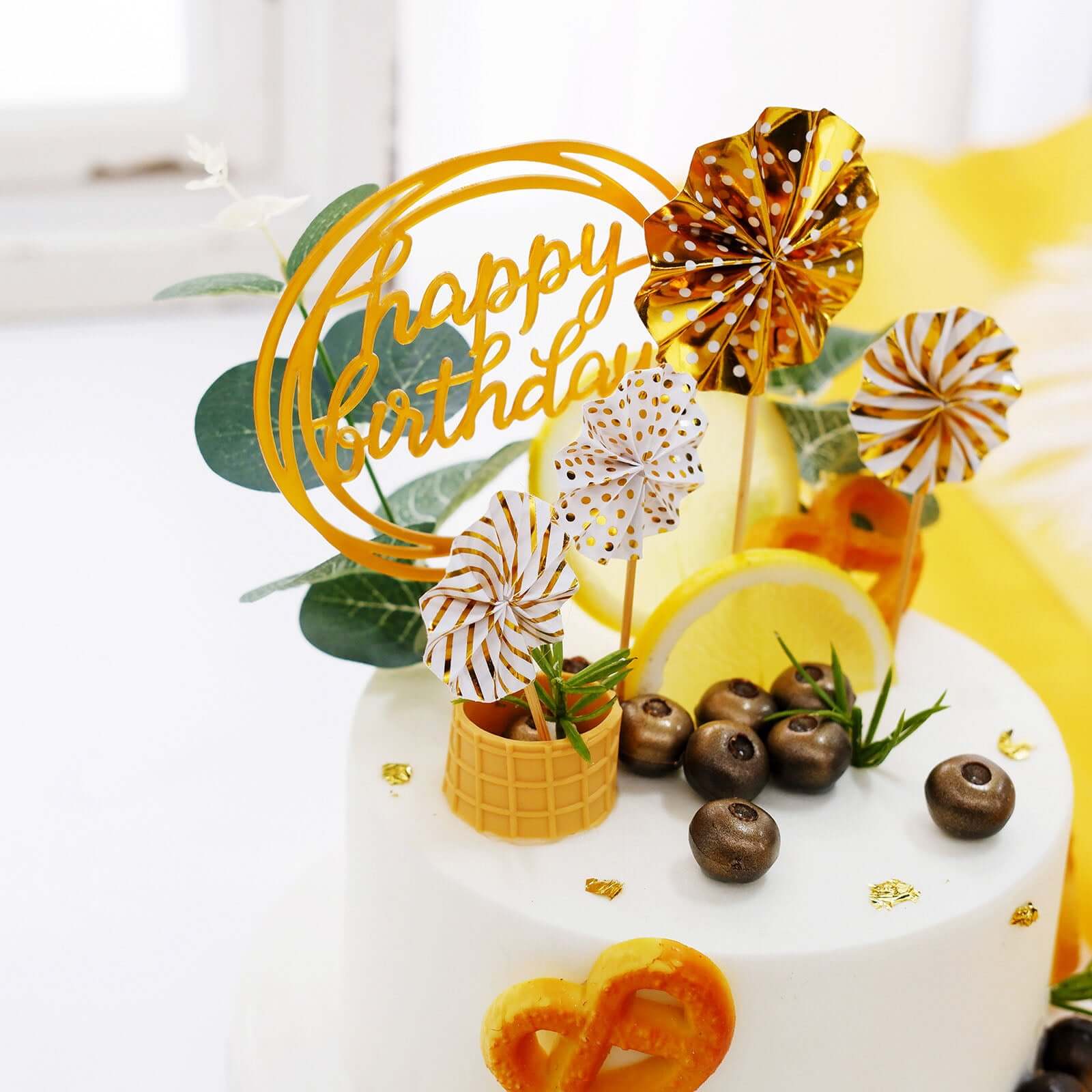 6 Pcs Happy Birthday Cake Topper Gold/White - Fun Cake Decoration with 4 Mini Paper Fans & Confetti Balloon for Themed Parties & Special Occasions