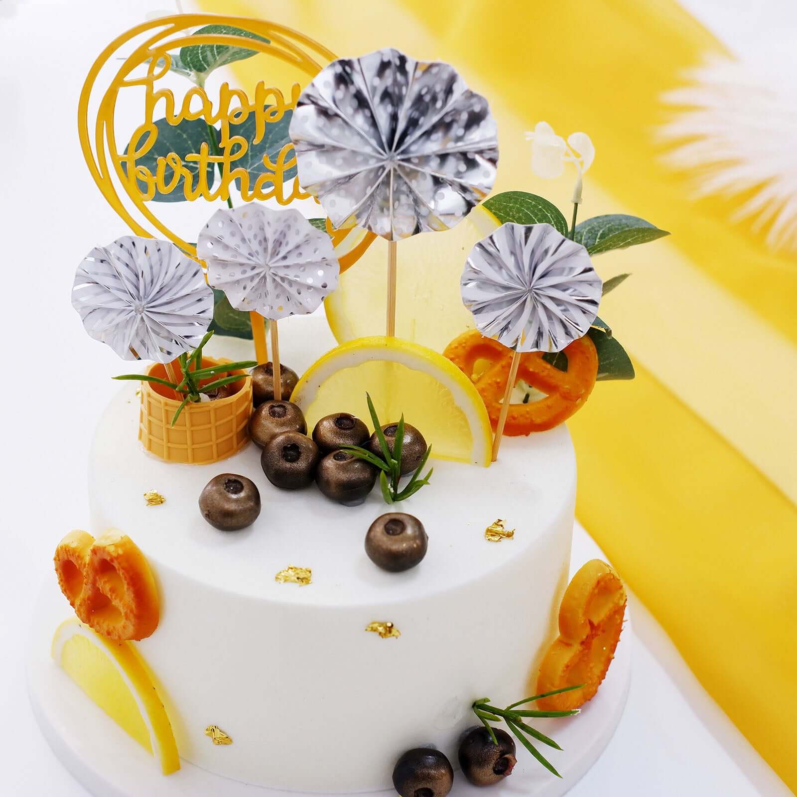 6 Pcs Happy Birthday Cake Topper Silver/Gold - Fun Cake Decoration with 4 Mini Paper Fans & Confetti Balloon for Themed Parties & Special Occasions