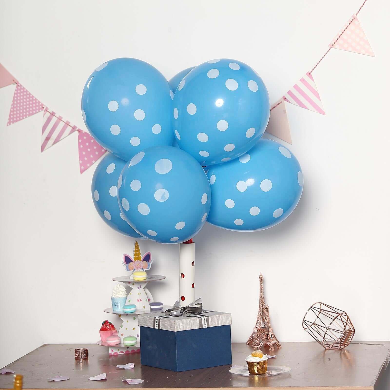 25 Pack 12" Blue and White Fun Polka Dot Latex Party Balloons