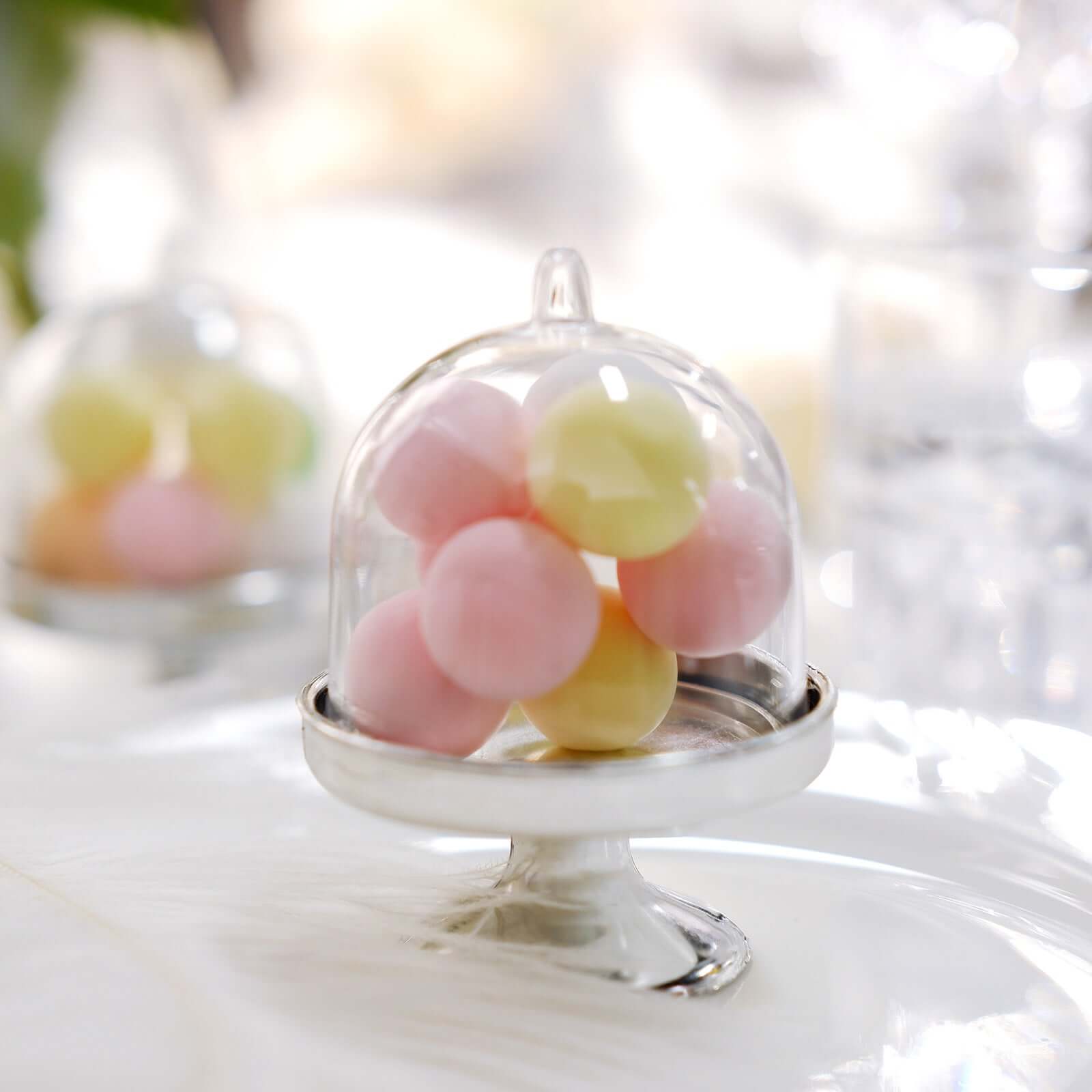 12-Pack Fillable Mini Pedestal Candy Container Clear/Silver - Stylish Candy Treat Favor Containers with Dome Lid 3"