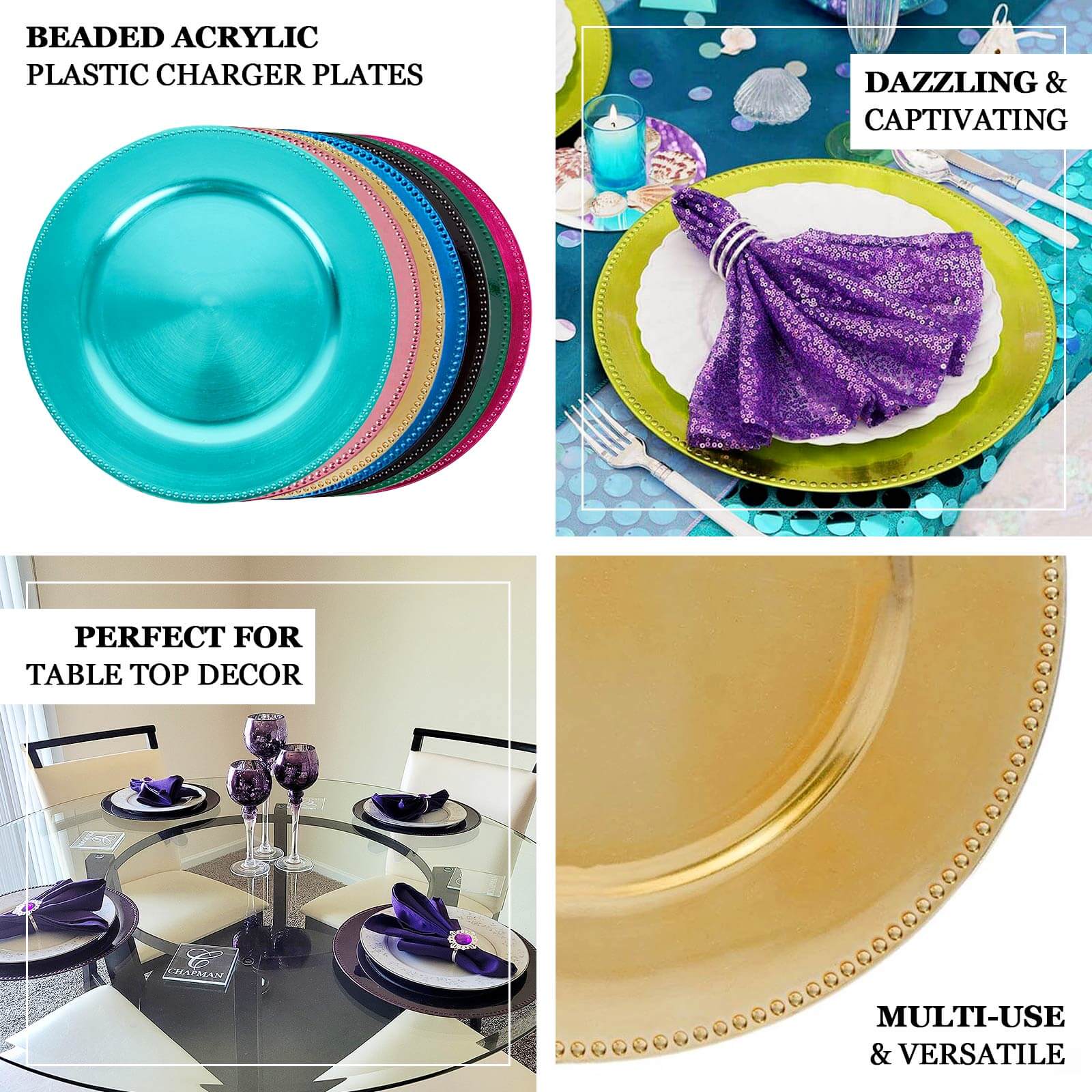 6-Pack Acrylic Round Charger Plates 13" in Gold with Beaded Rim, Dinner Charger Event Tabletop Decor