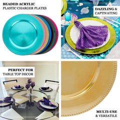 6-Pack Acrylic Round Charger Plates 13" in Gold with Beaded Rim, Dinner Charger Event Tabletop Decor