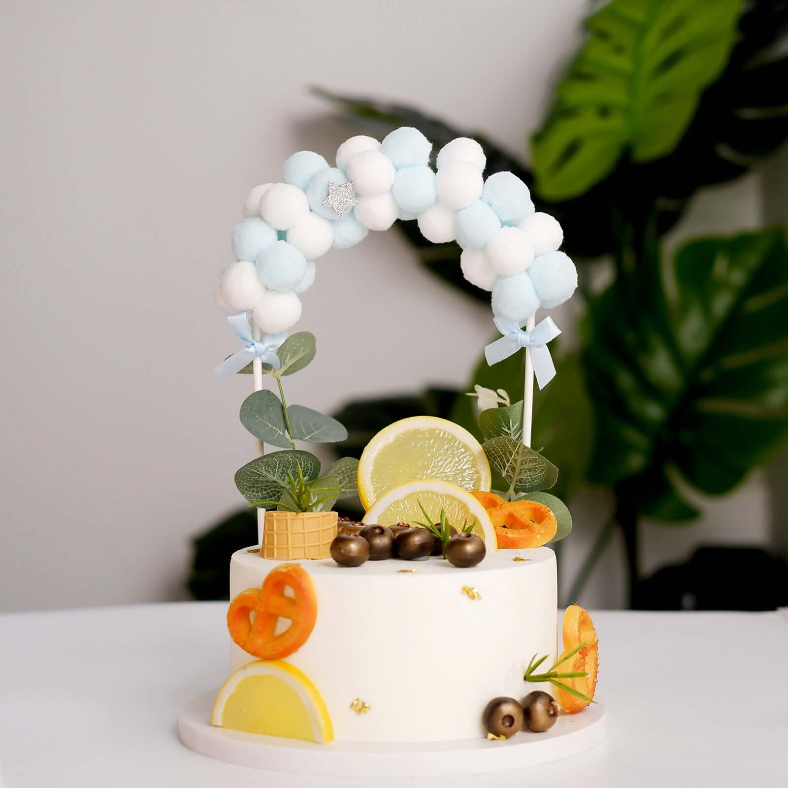 Cotton Ball Arch Cake Topper Blue/White - Charming Mini Cake Decoration Supplies for Nautical Sky & Baby-Themed Events 6"x11"