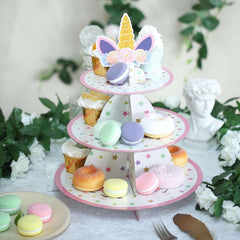 3-Tier Cardboard Cupcake Dessert Stand - Stable Treat Tower Display Holder for Unicorn Themed Girls Birthday Baby Shower Party Decor 15"