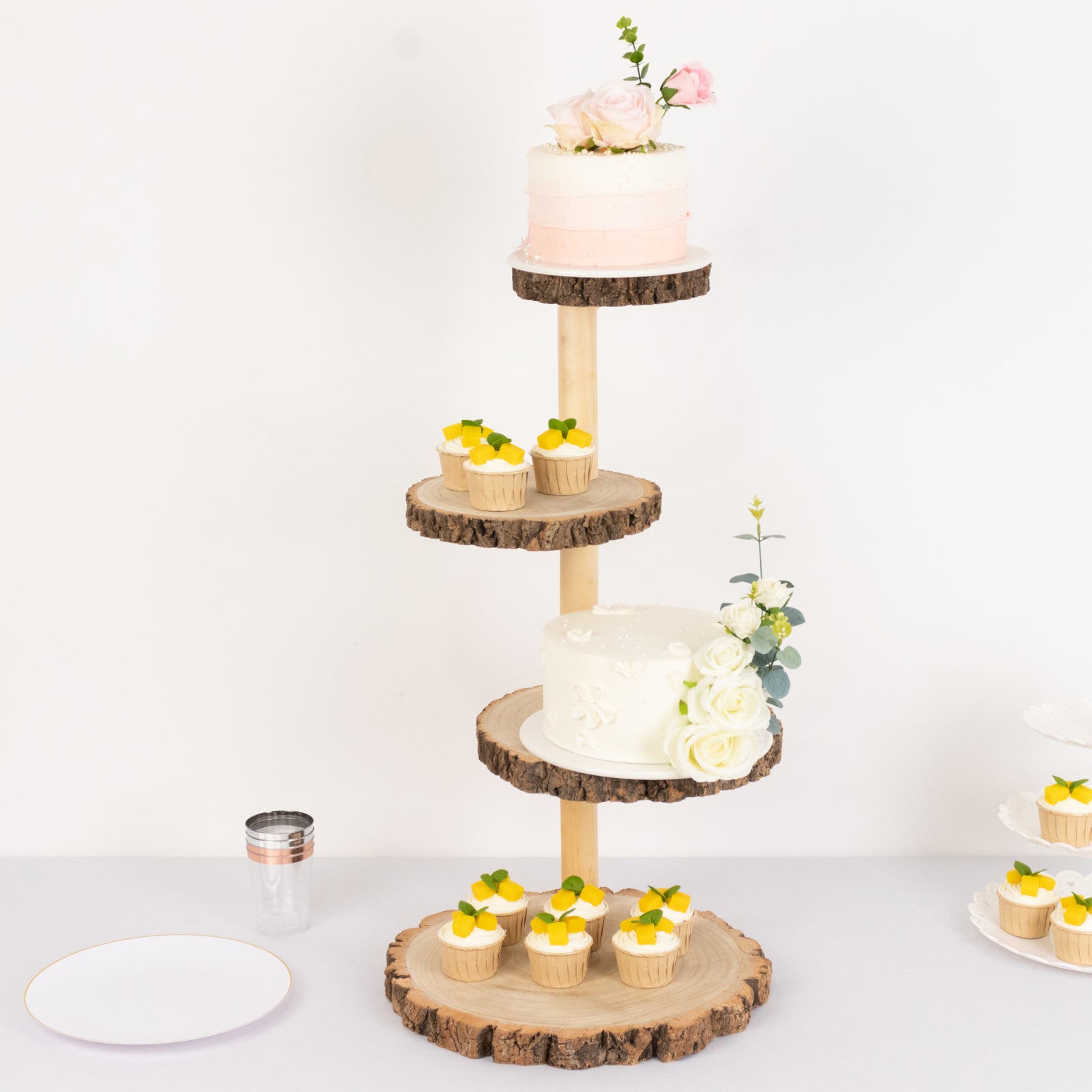 4-Tier Wooden Cupcake Tower Stand Rustic Natural Wood Slice Design - Farmhouse Style Dessert Display 29"