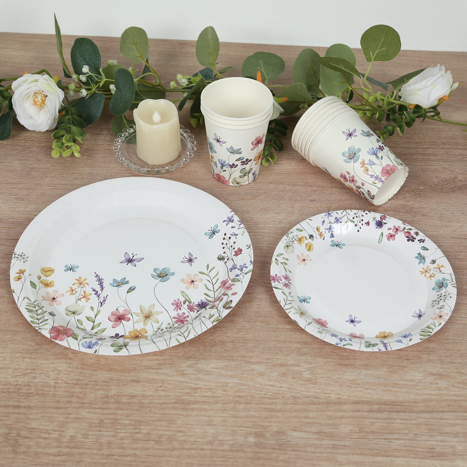 72 Pcs Paper Plates and Cups Set in White with Wildflower Butterfly Print - Disposable Party Supplies for Spring & Garden Themes